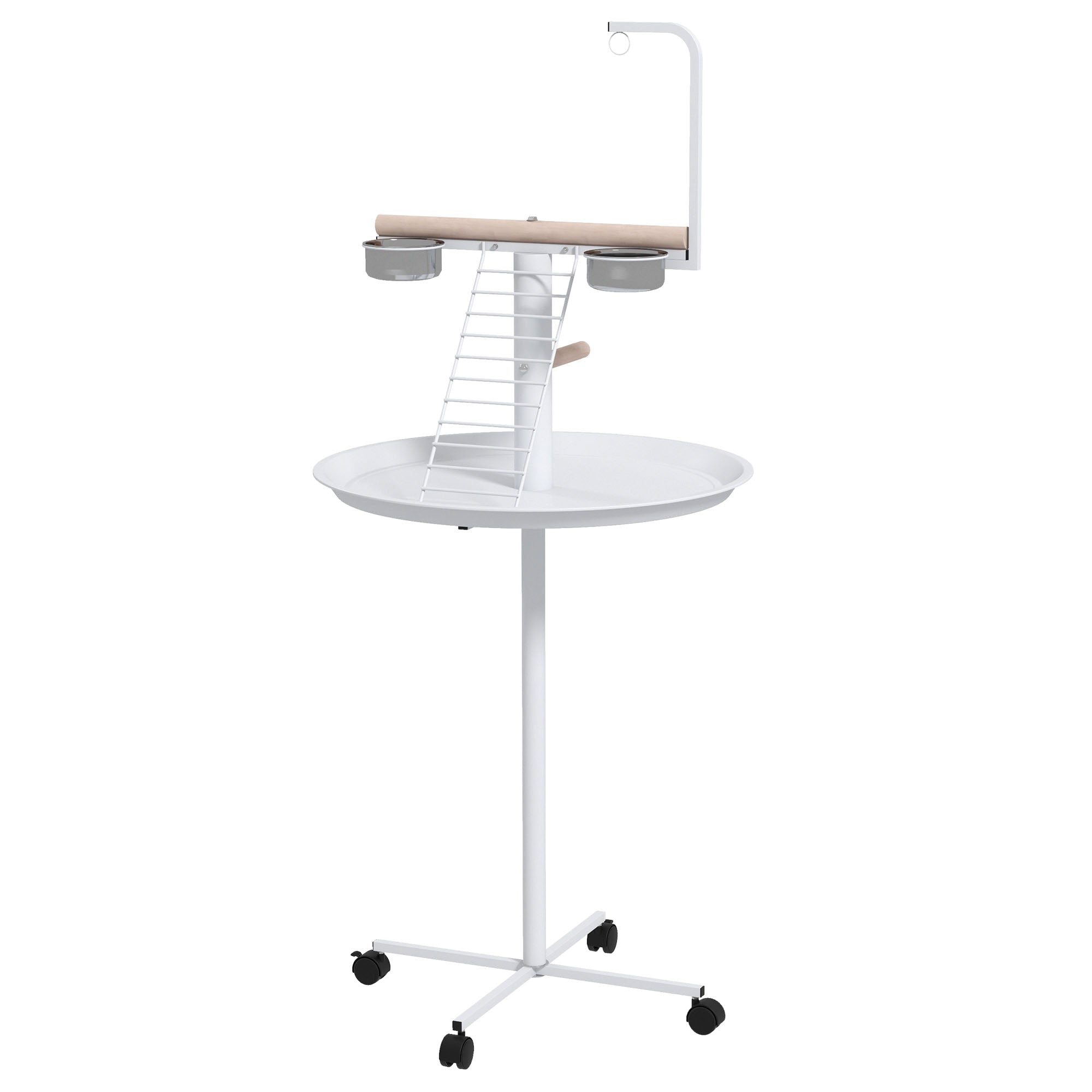 Bird Stand with Four Wheels, Stainless Steel Feed Bowls, Perches & Round Tray for Indoor Outdoor Use - White