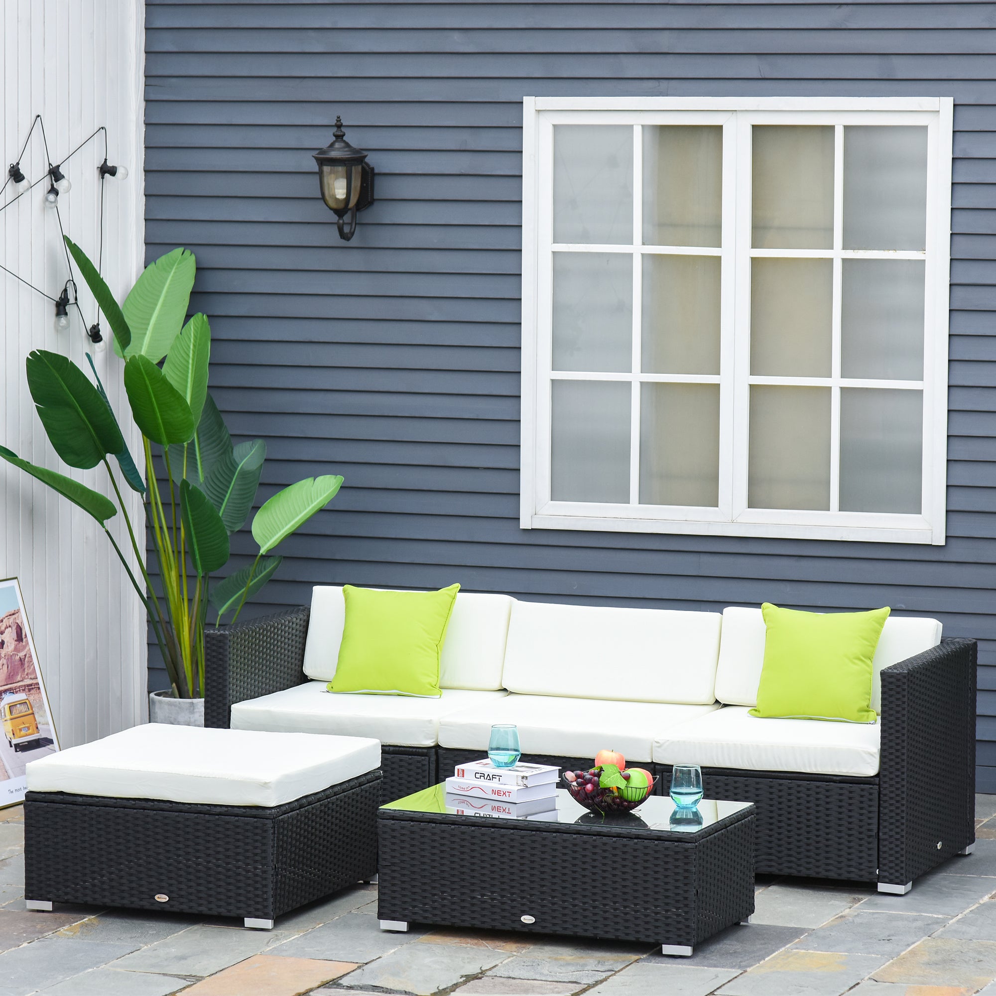 4 Piece Outdoor Rattan Sofa Set with Cushions - Black