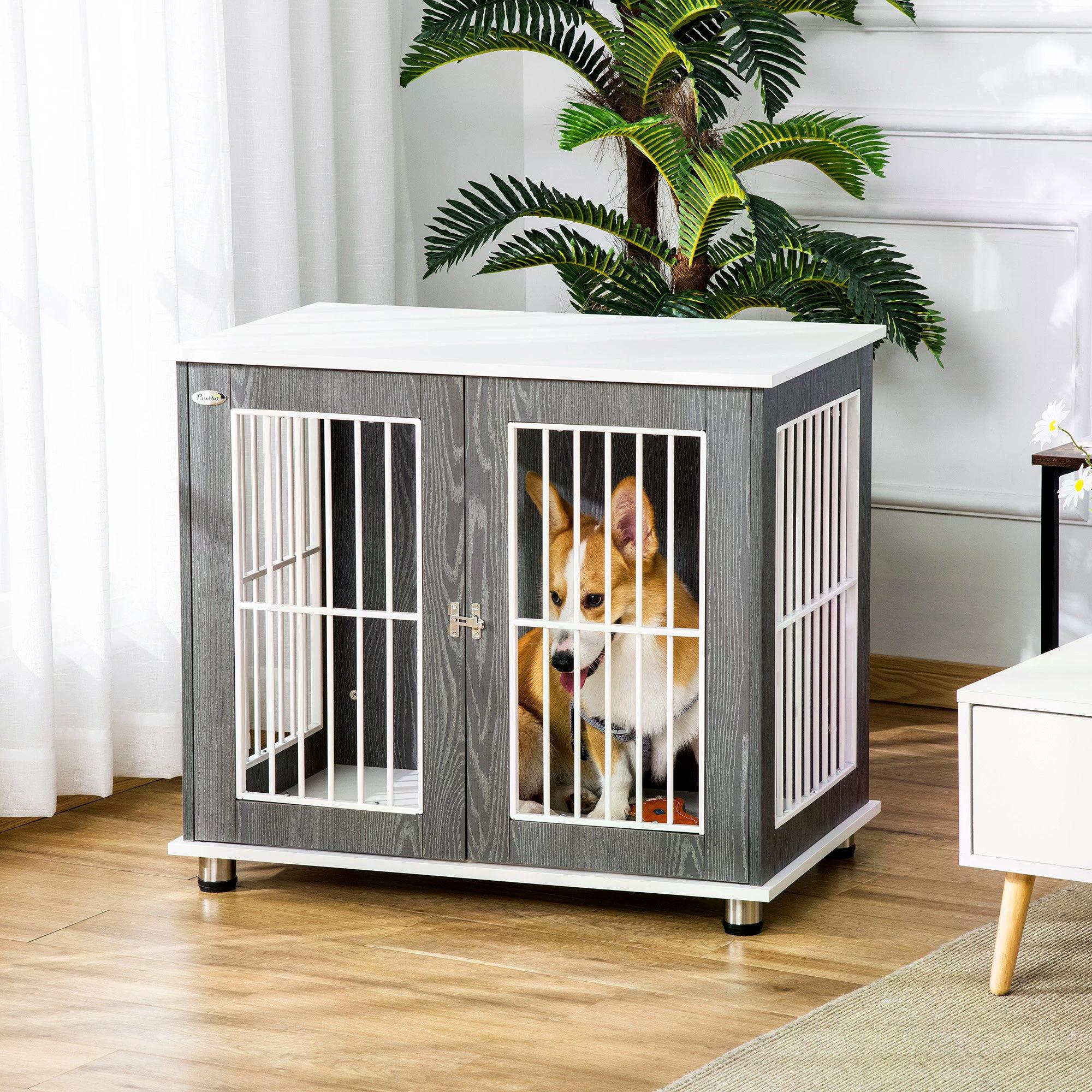 Dog Crate, Wooden Pet Kennel Cage with Lockable Door and Adjustable Foot Pads, Modern Design, Grey and White