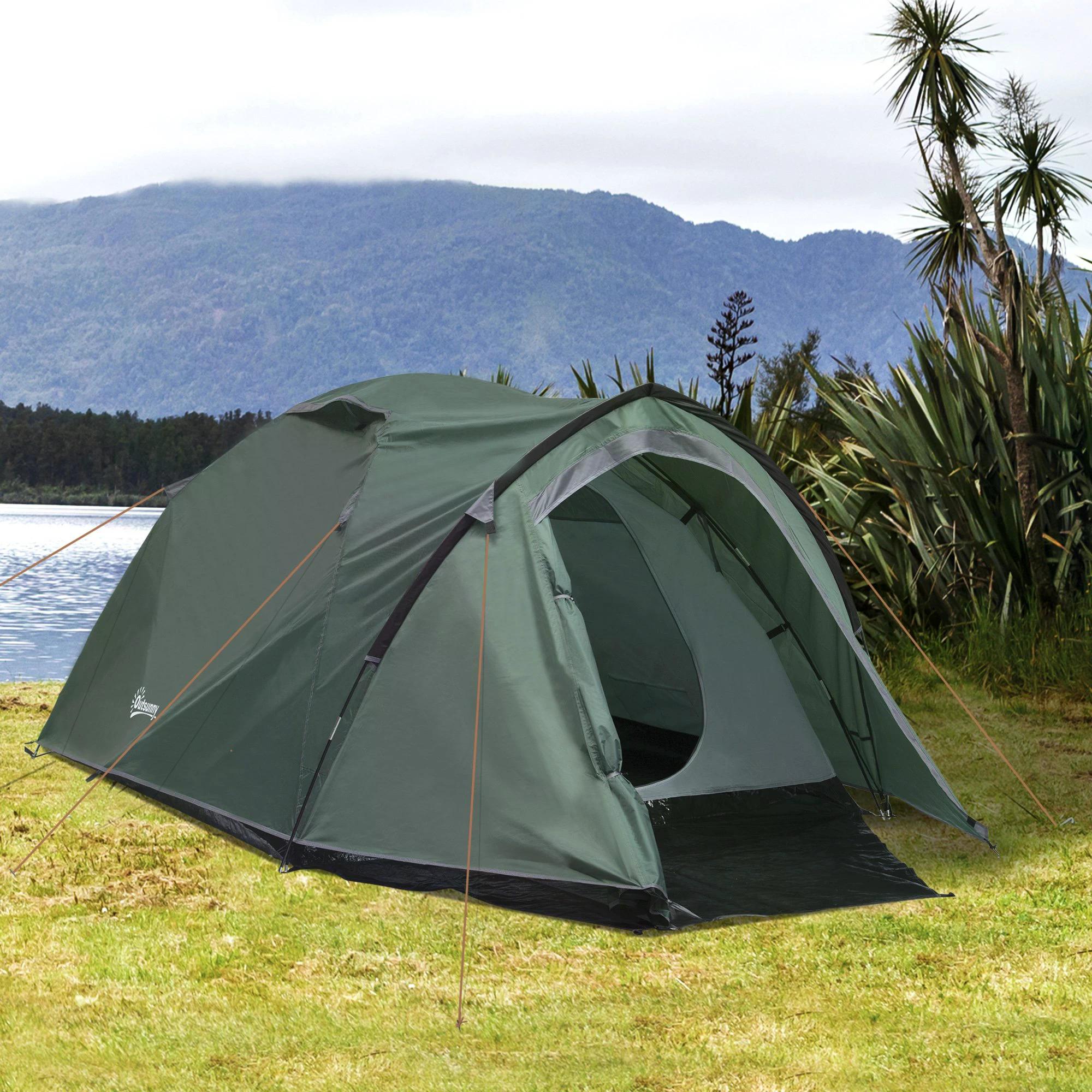 2 Room Camping Dome Tent for 3-4 Person with Weatherproof Vestibule - Green
