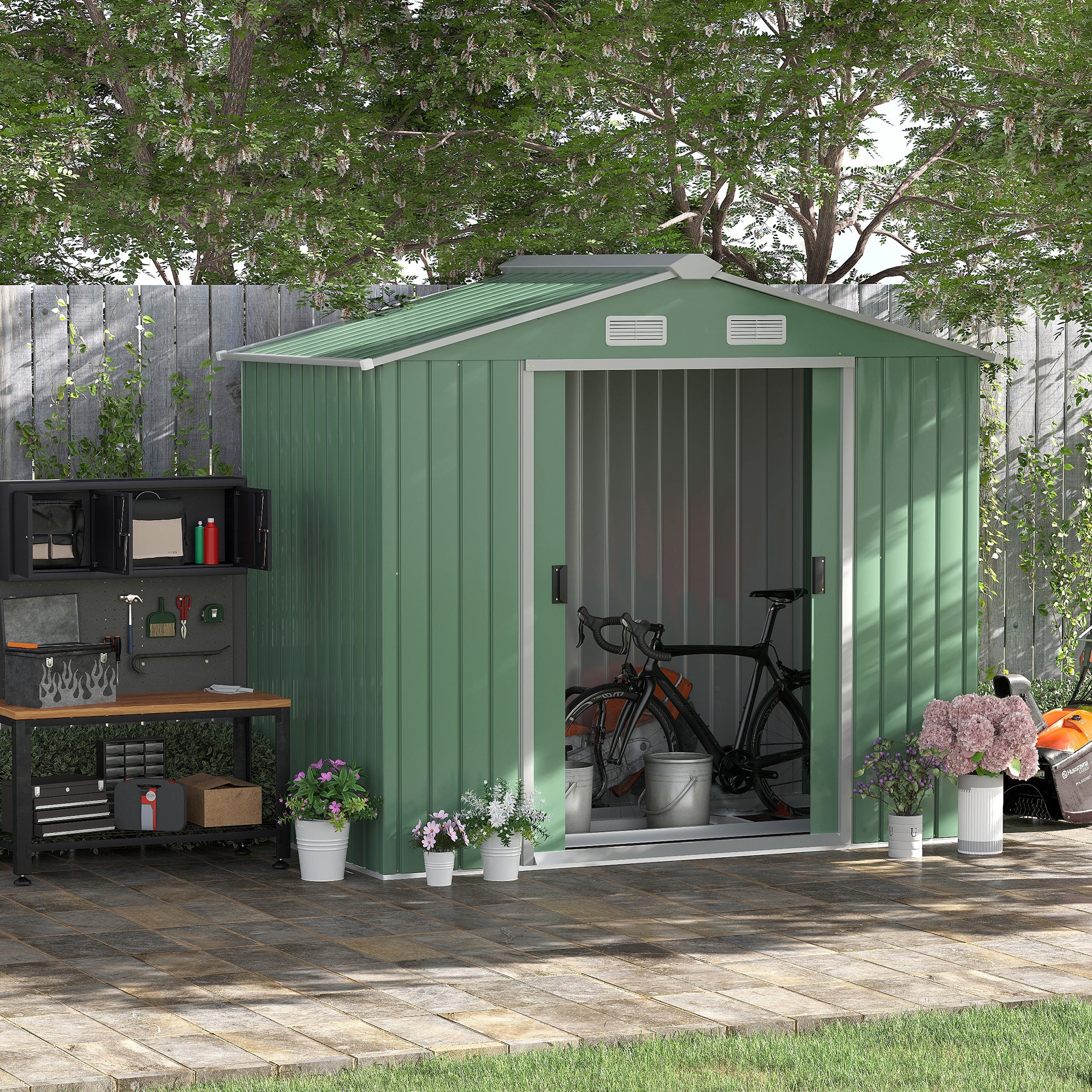 7ft x 4ft Lockable Metal Garden Storage Shed with Sloping Roof Light Green