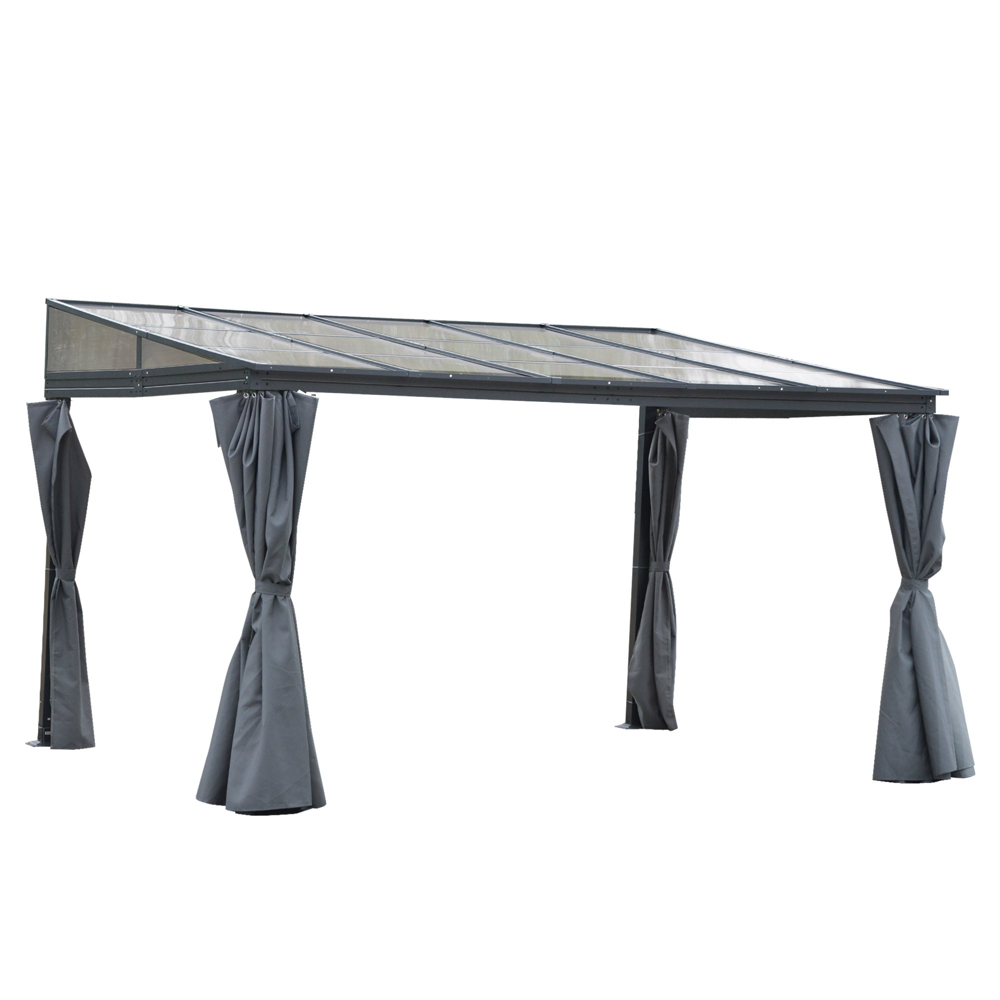 4 x 3m Outdoor Hardtop Pergola with PC Roof, Aluminium Frame, Curtains Wall Lean-To Gazebo - Grey