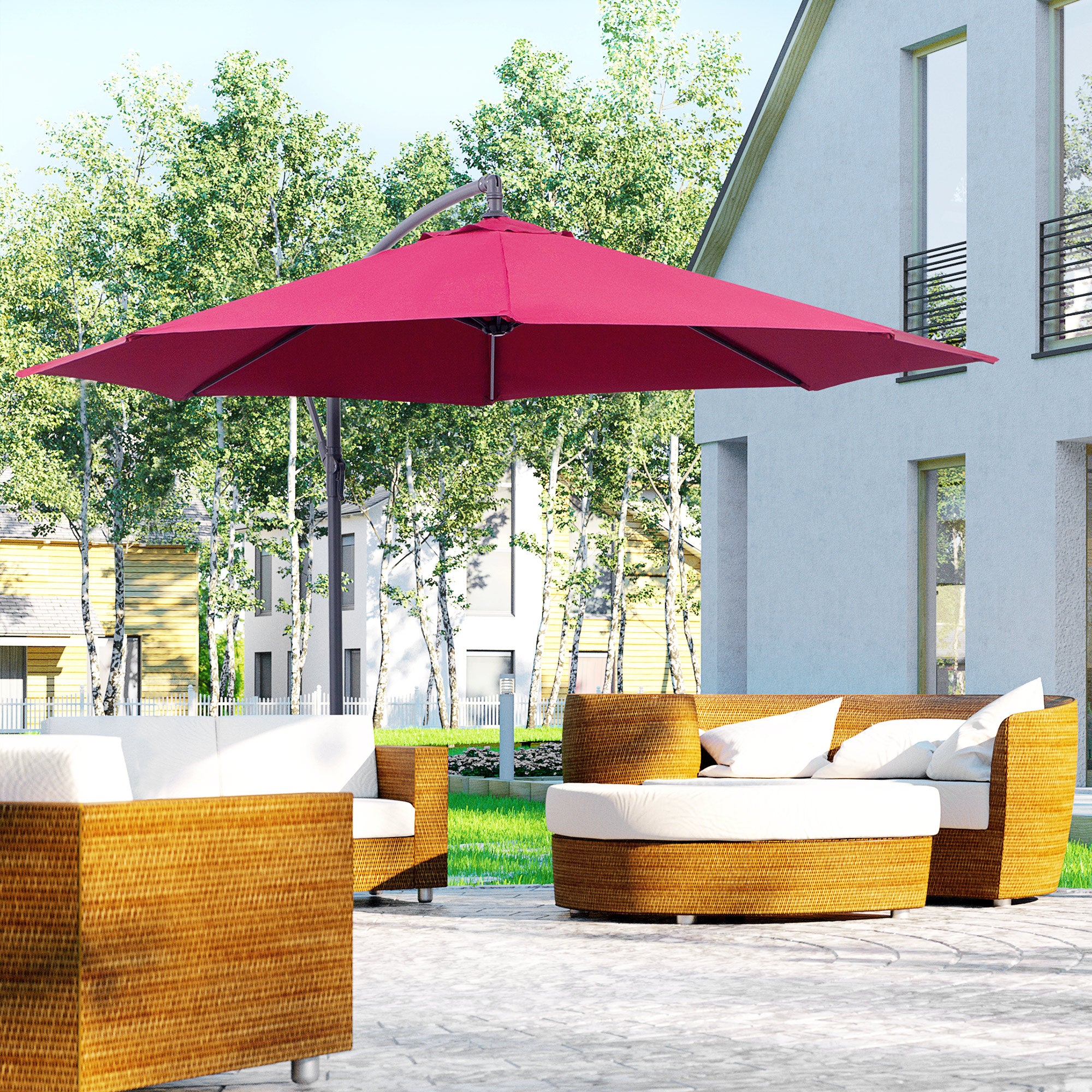 3 Metre Garden Banana Parasol Set with Crank Handle and Cross Base - Wine Red