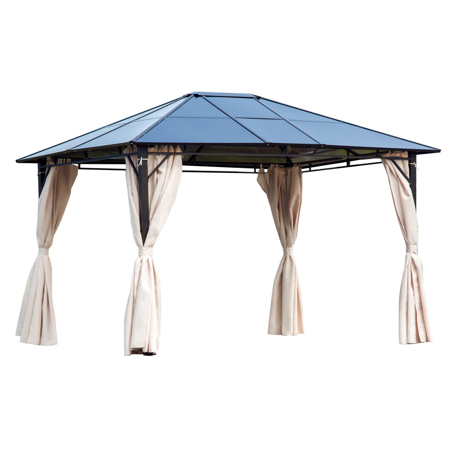 3.6 x 3 Metre Hardtop Gazebo with Polycarbonate Roof and Removable Curtains - Brown
