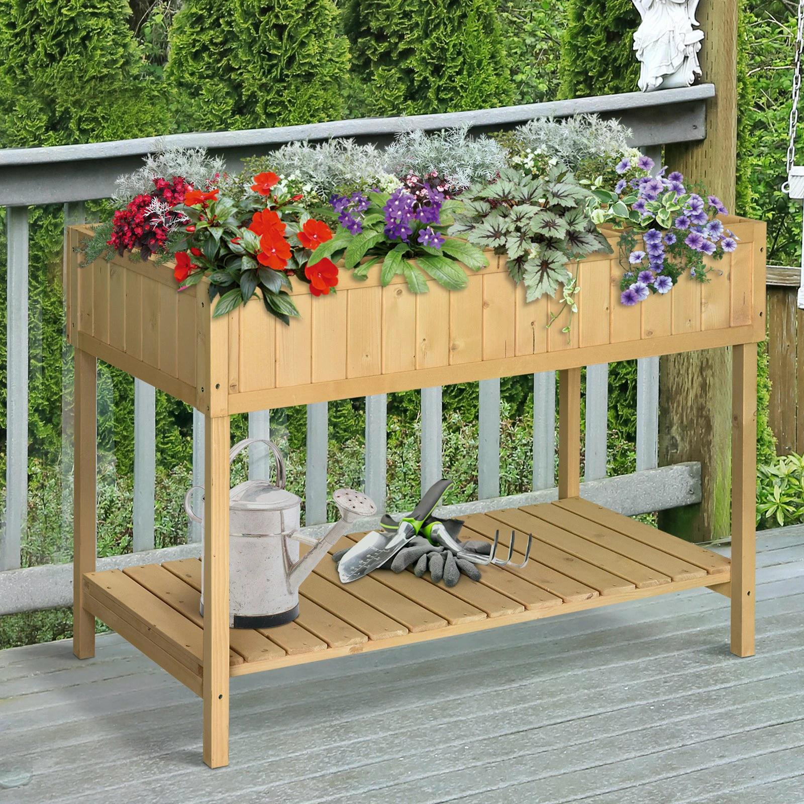 8 Compartment Wooden Garden Planter Box with Bottom Shelf - Oak Tone