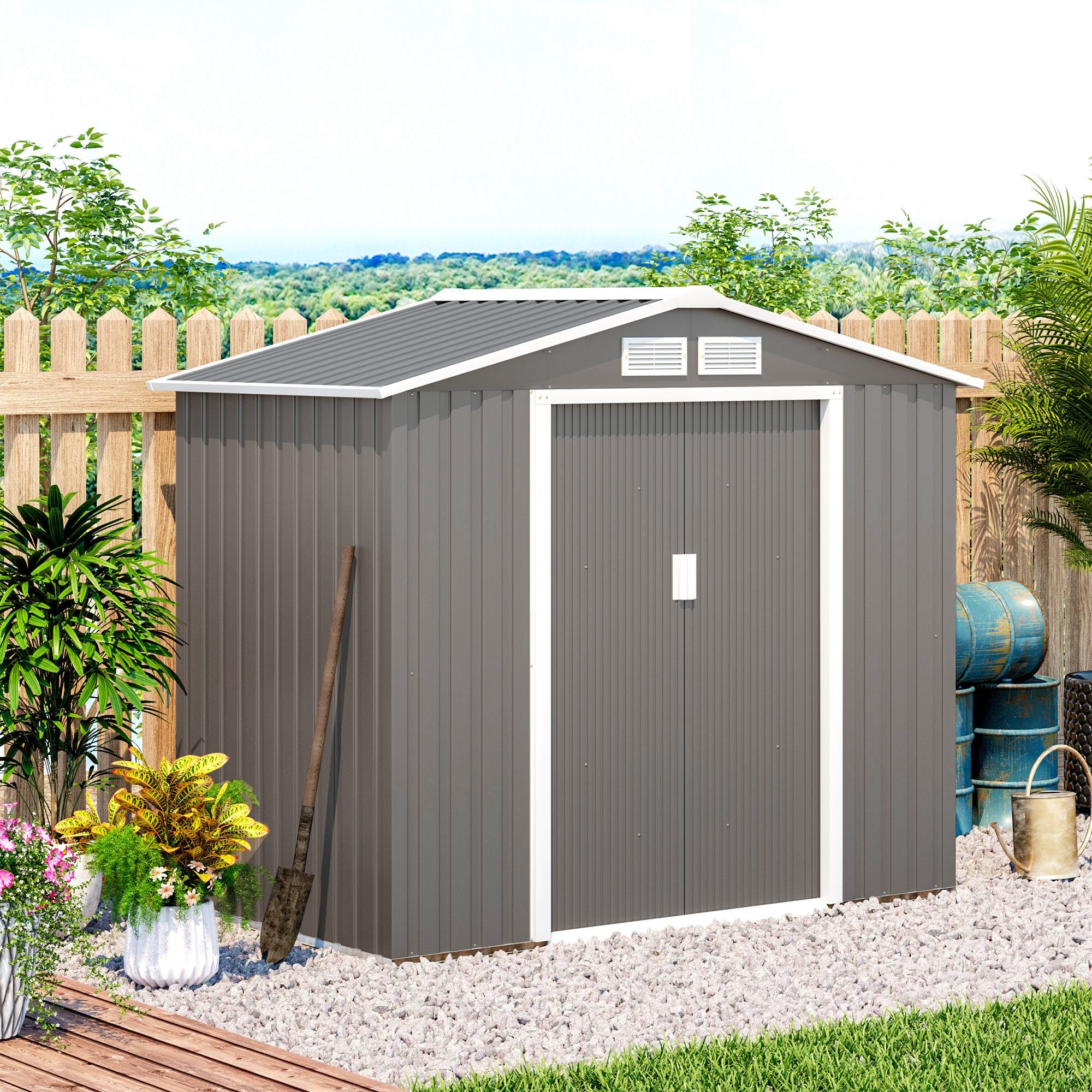 7ft x 4ft Lockable Garden Metal Storage Shed with Air Vents Steel Grey