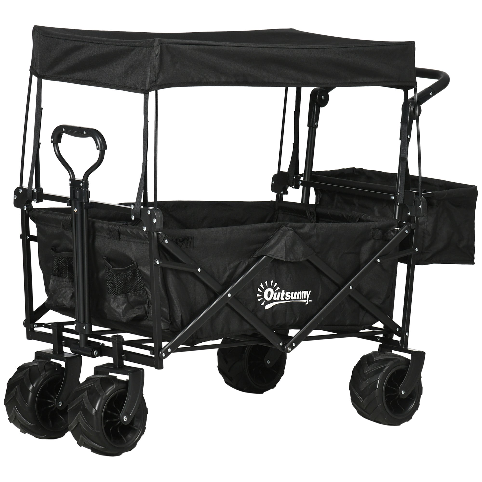Folding Trolley Cart with Canopy and 4 Wheels for Camping - Black