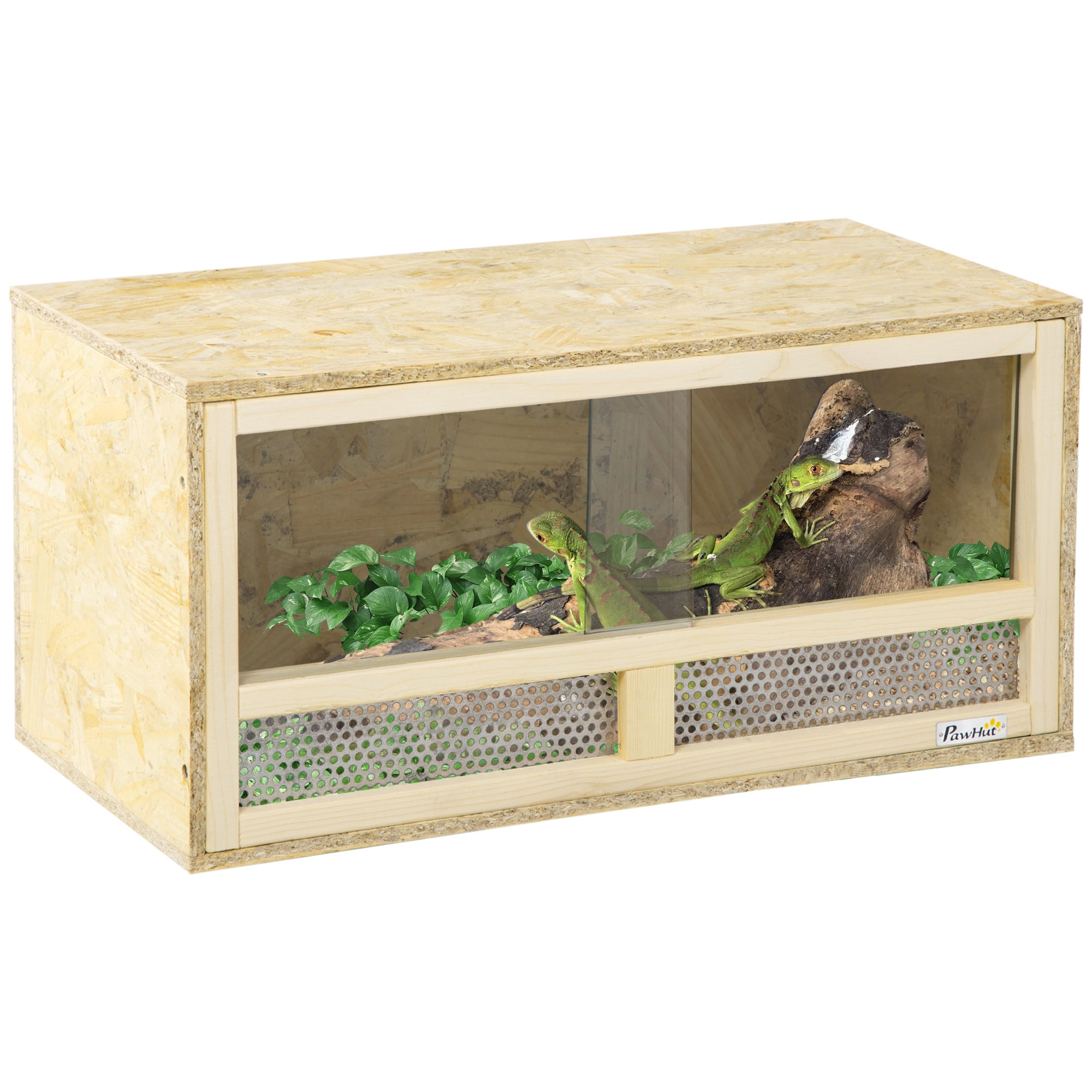 Reptile Terrarium Vivarium with Sliding Doors and Breathable Mesh for Lizards - Natural Wood Finish
