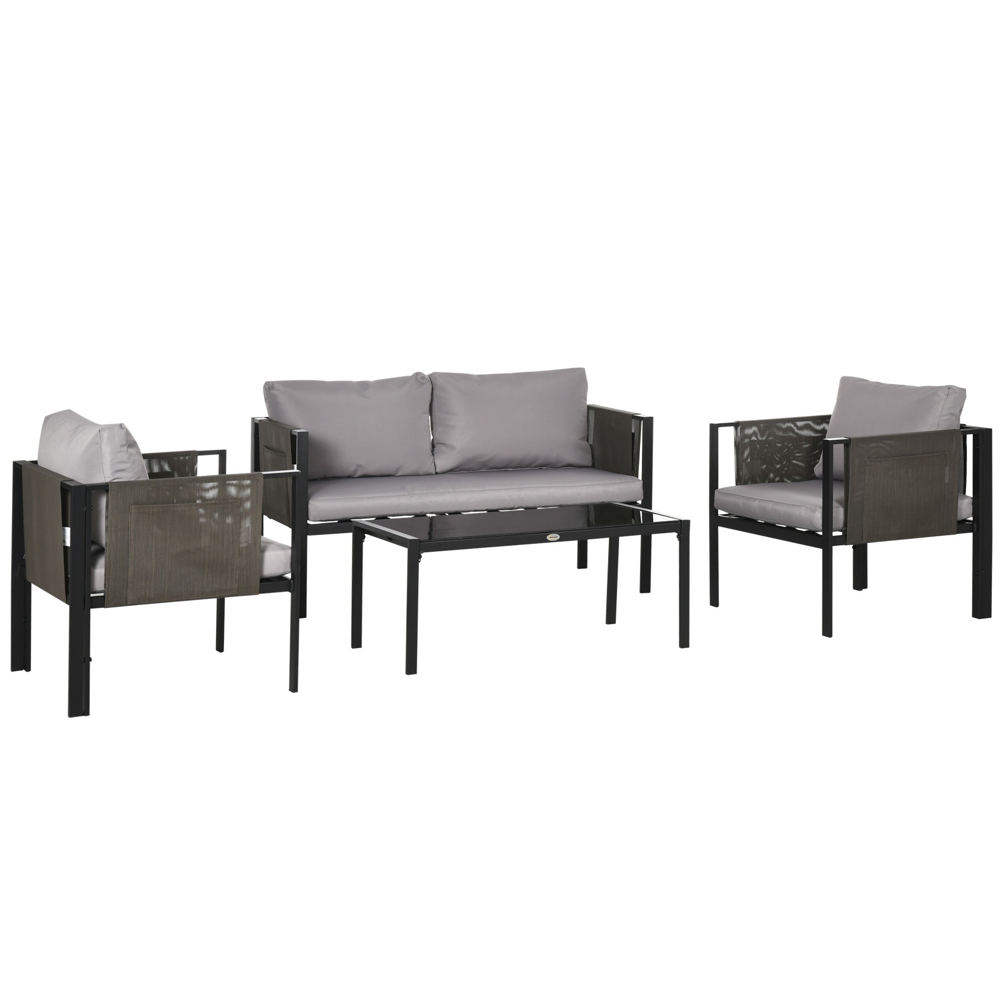 4 Piece Metal Garden Furniture Set with Cushions & Tempered Glass Table - Light Grey