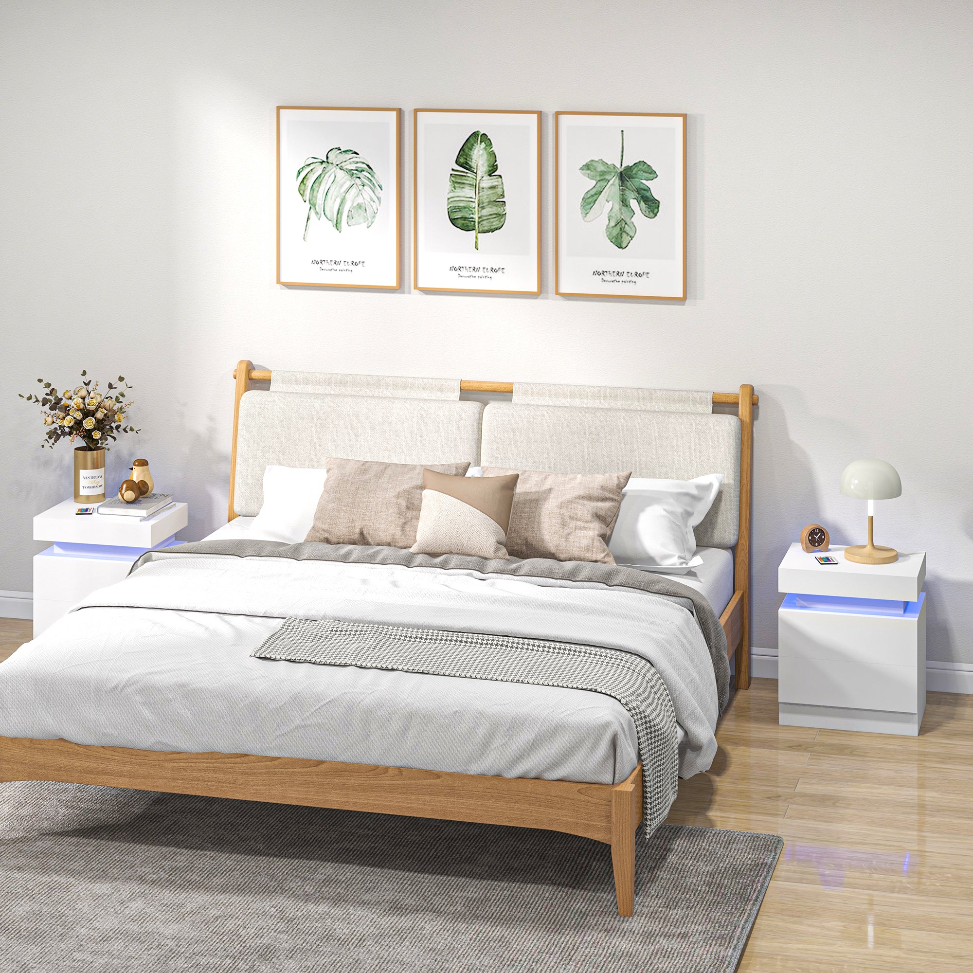 White Bedside Table with LED Light and Two Drawers - High Gloss Finish