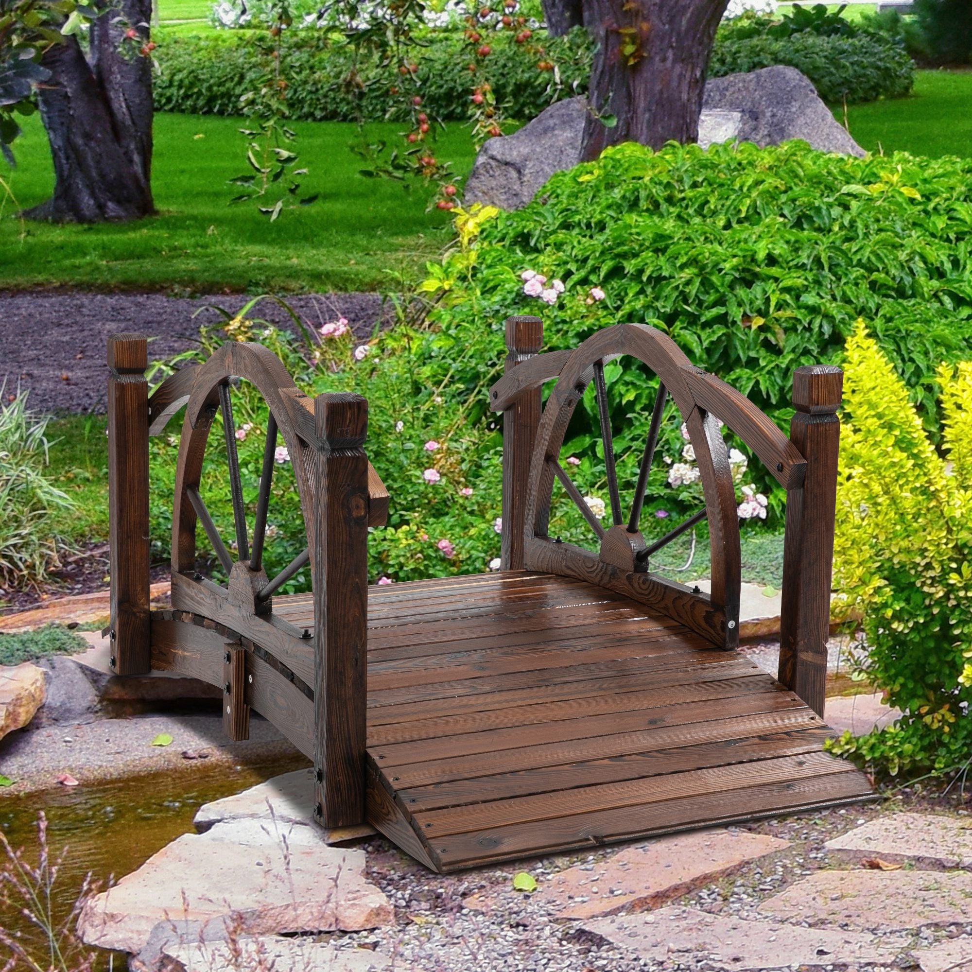 Wooden Garden Decorative Arc Footbridge with Wheel Guardrail Outdoor Pond Bridge - Carbonized