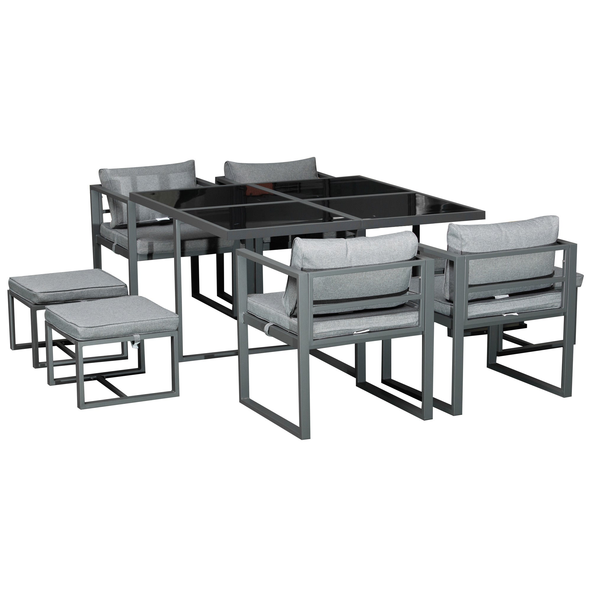 9 Piece Cushioned Patio Dining Set with Storage Ottomans - Grey