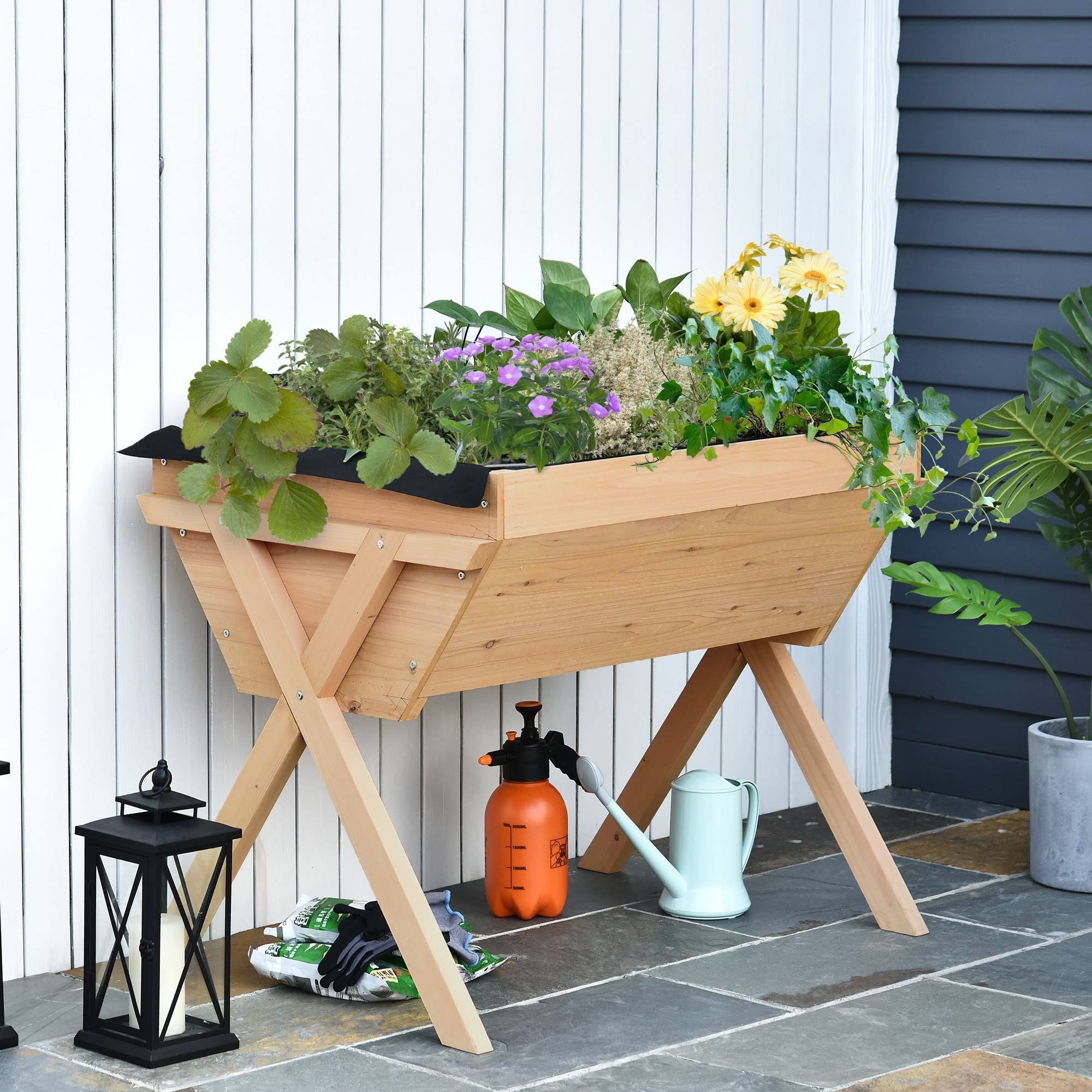 Wooden Raised Bed Planter with Liner and Drainage Holes - Fir Wood