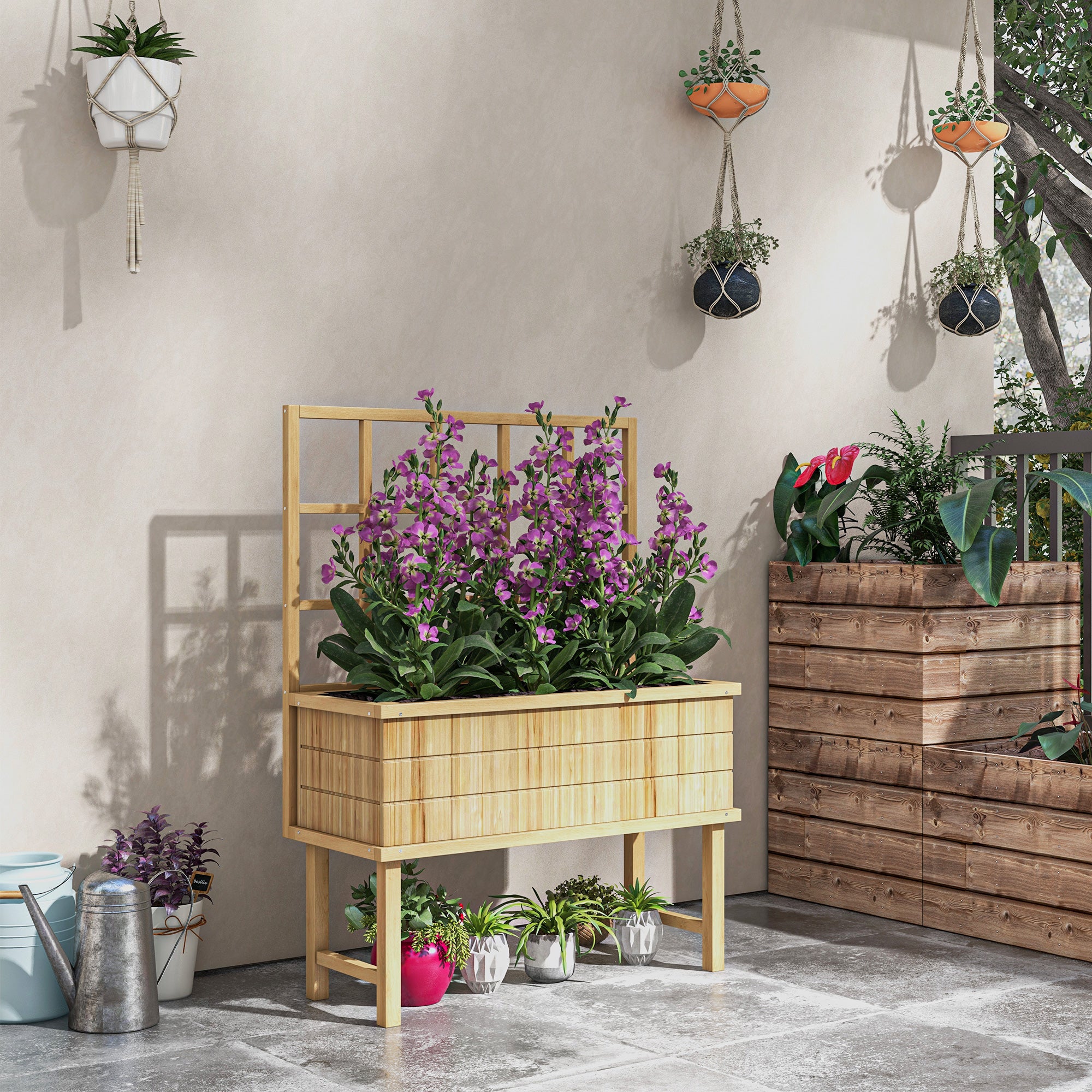 Wooden Raised Garden Planter with Trellis and Drainage Holes - Natural Wood Finish