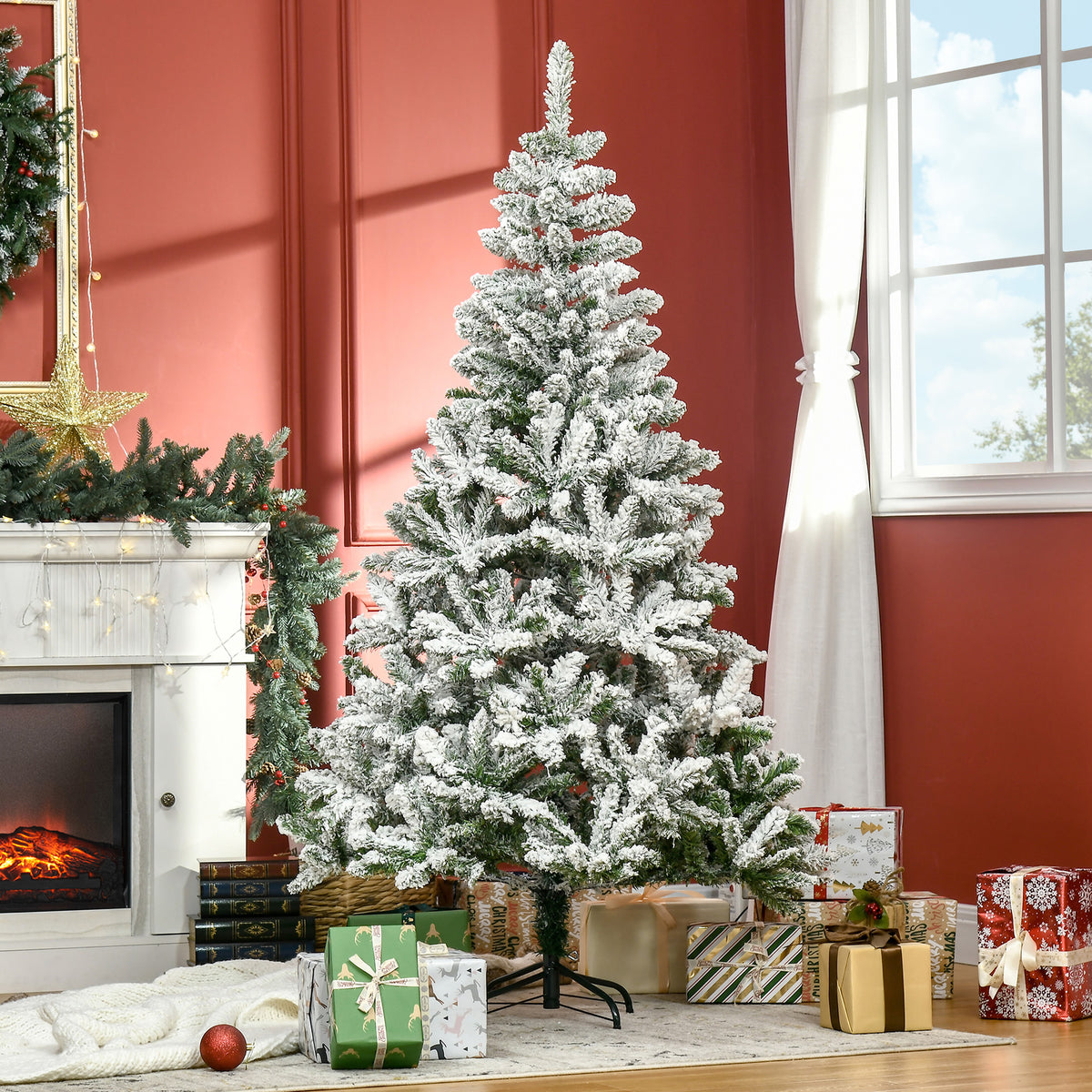 6 Foot Snow Flocked Artificial Christmas Pine Tree with 750 Branches, Auto Open & Steel Base - Green