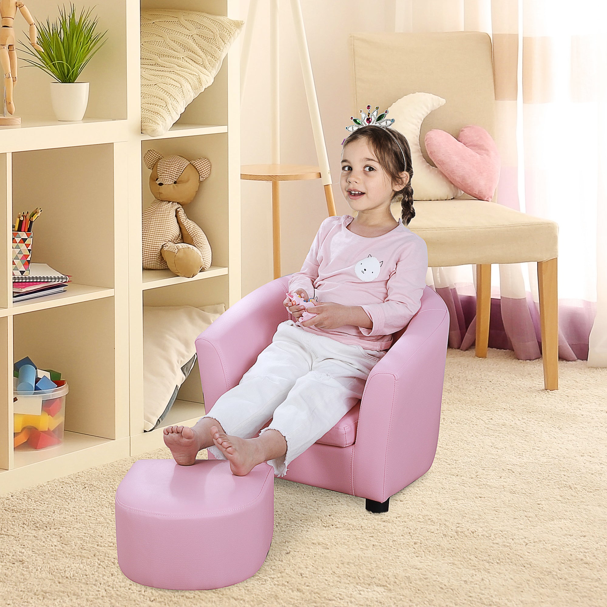 Kids Toddler Sofa and Armchair with Footstool - Pink, Thick Padding