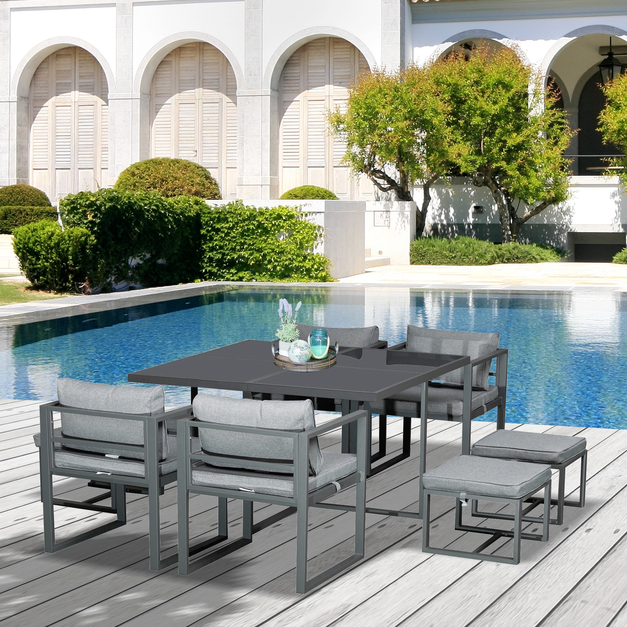 9 Piece Cushioned Patio Dining Set with Storage Ottomans - Grey