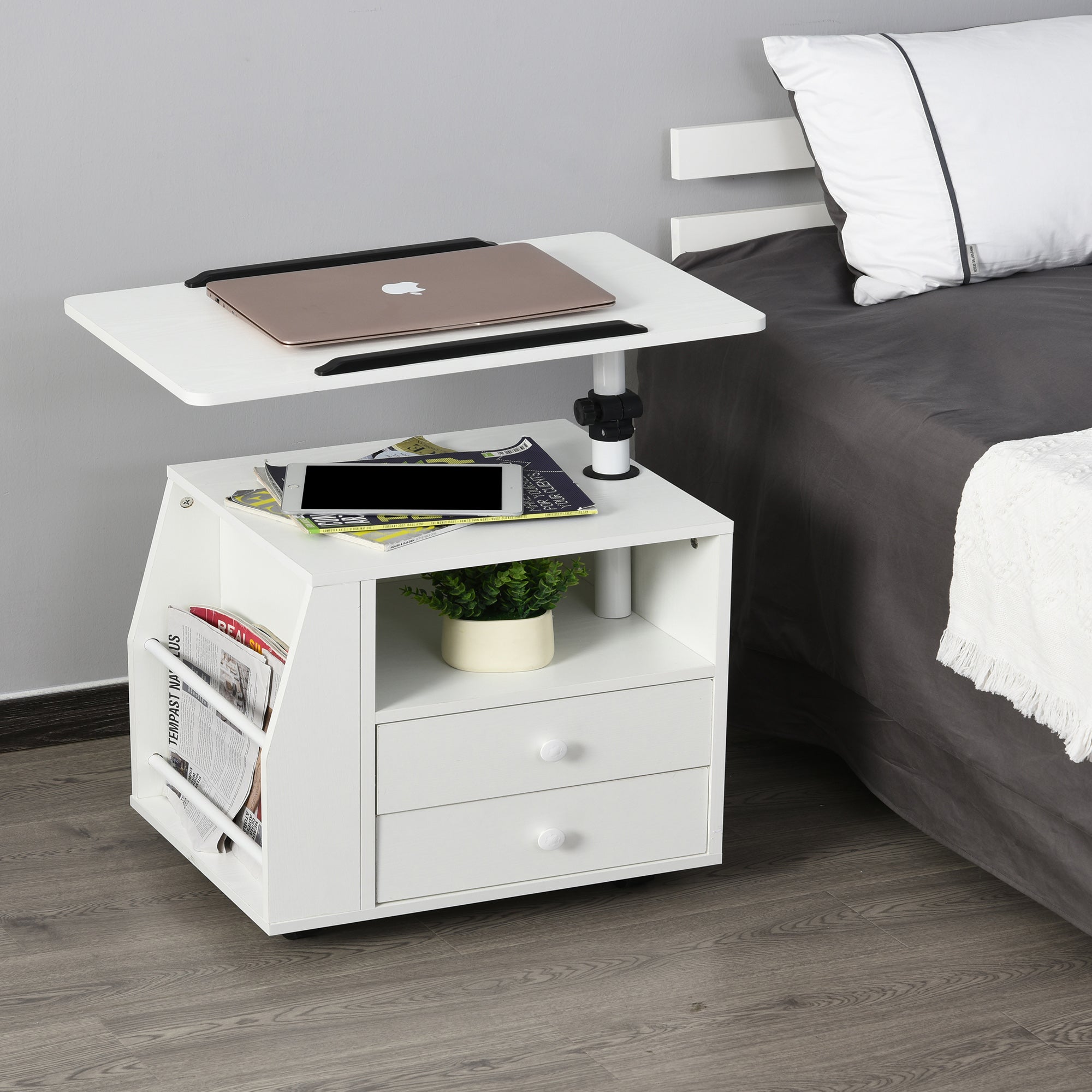 Functional Swivel Bedside Table with Storage - Modern Design - Light Grey