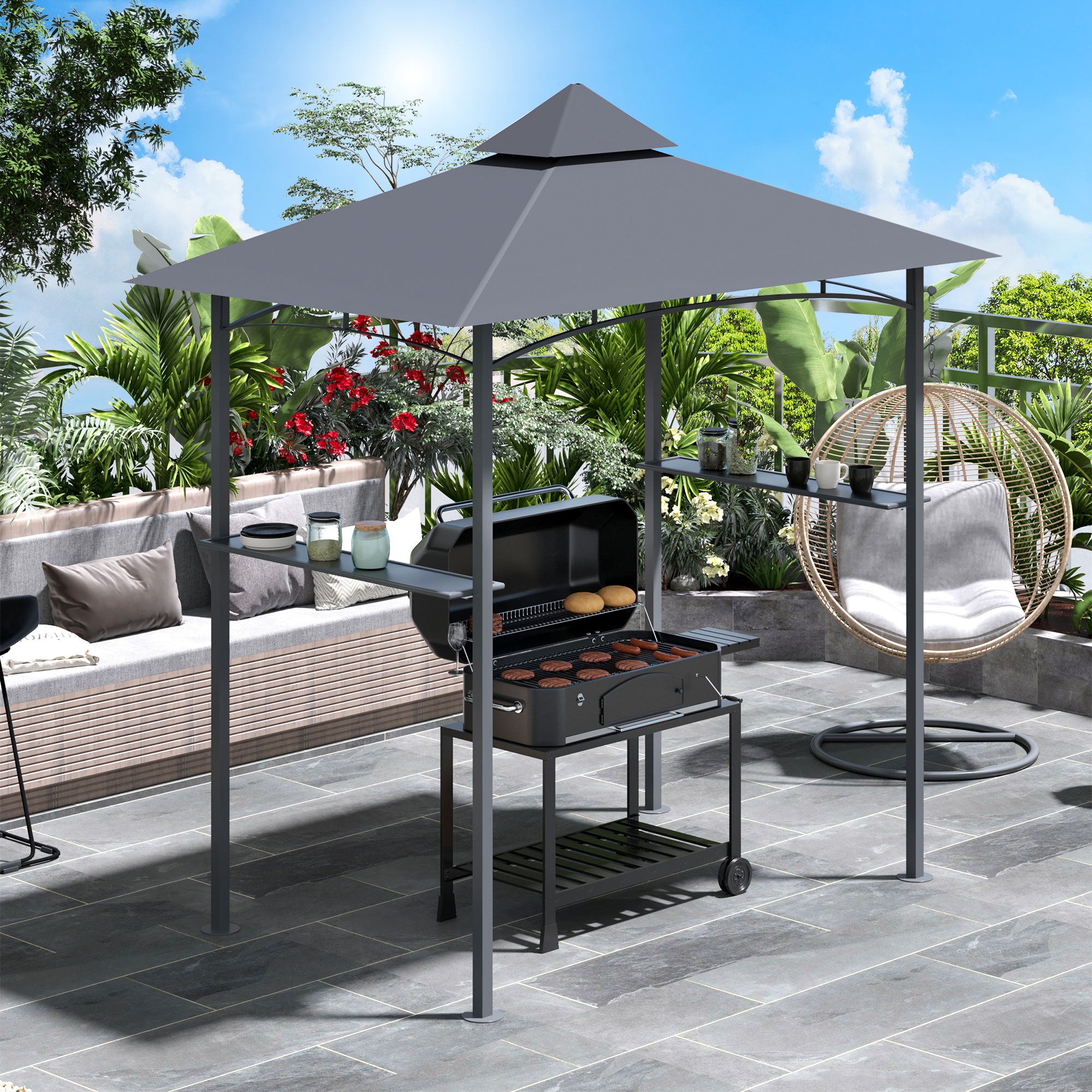 Double-Tier BBQ Gazebo Grill Canopy with Shelves - Grey