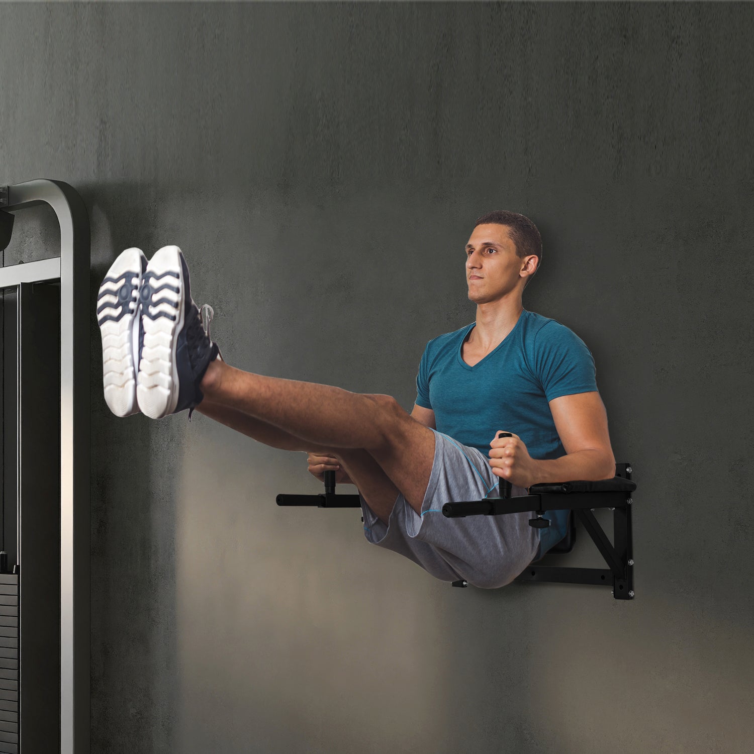 Wall Mounted Dip Station Rack Adjustable Width for Home Gym - Black