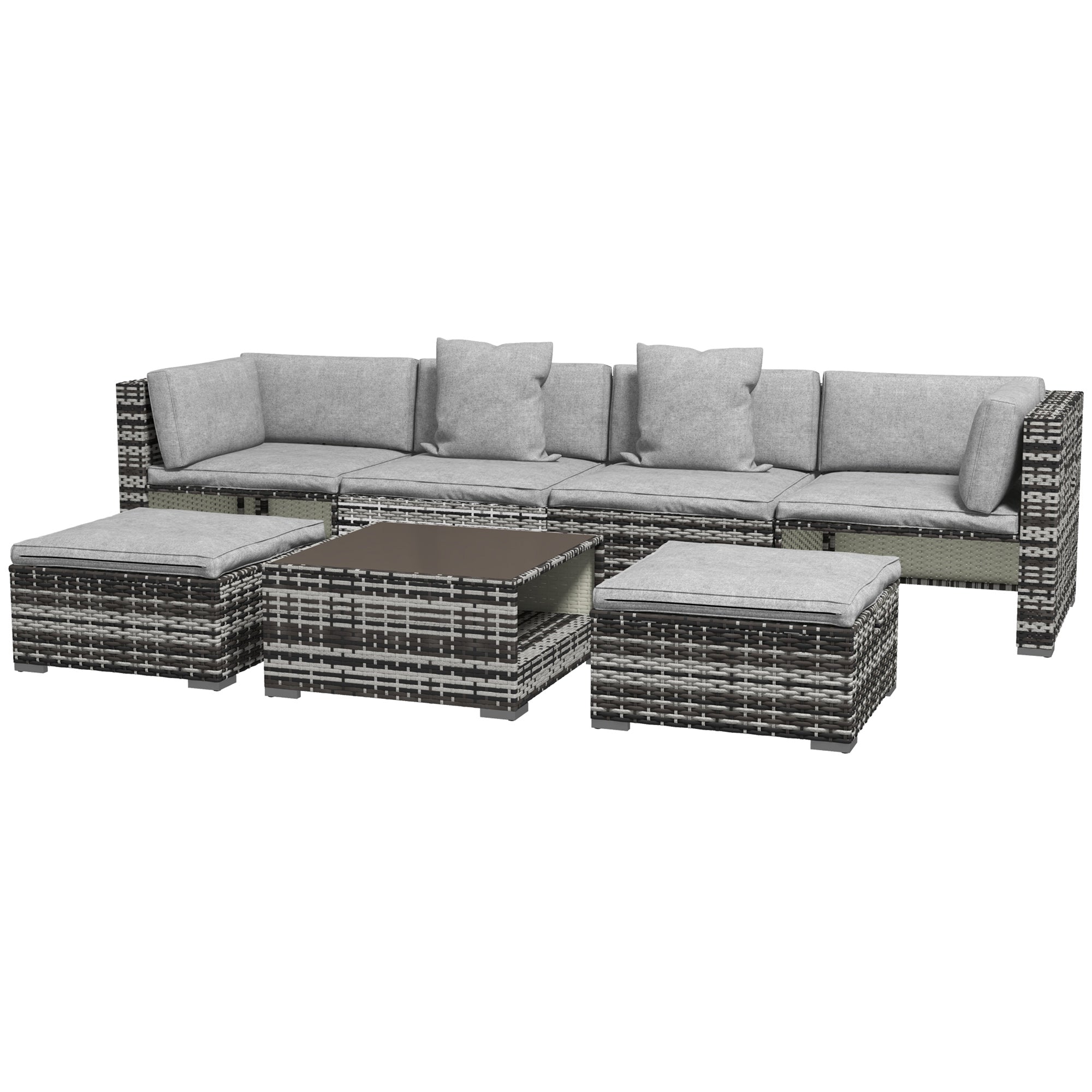 7 Piece Rattan Patio Furniture Set with Cushions and Glass Coffee Table - Mixed Grey