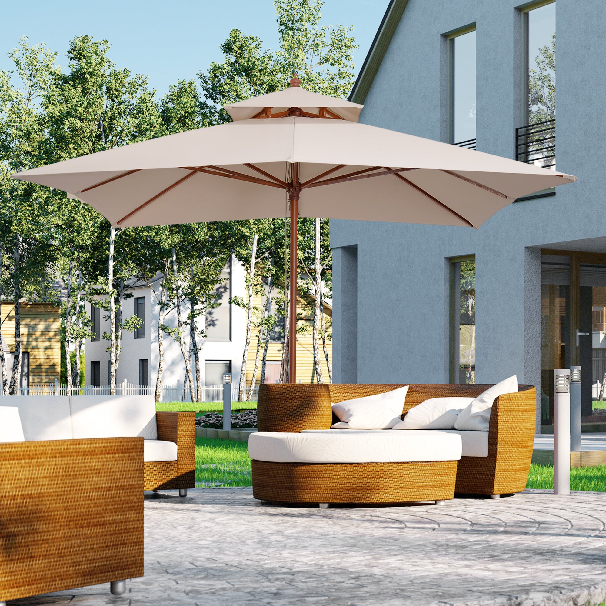 3x3M Double Tier Patio Parasol Garden Sun Umbrella with Wooden Canopy - Beige