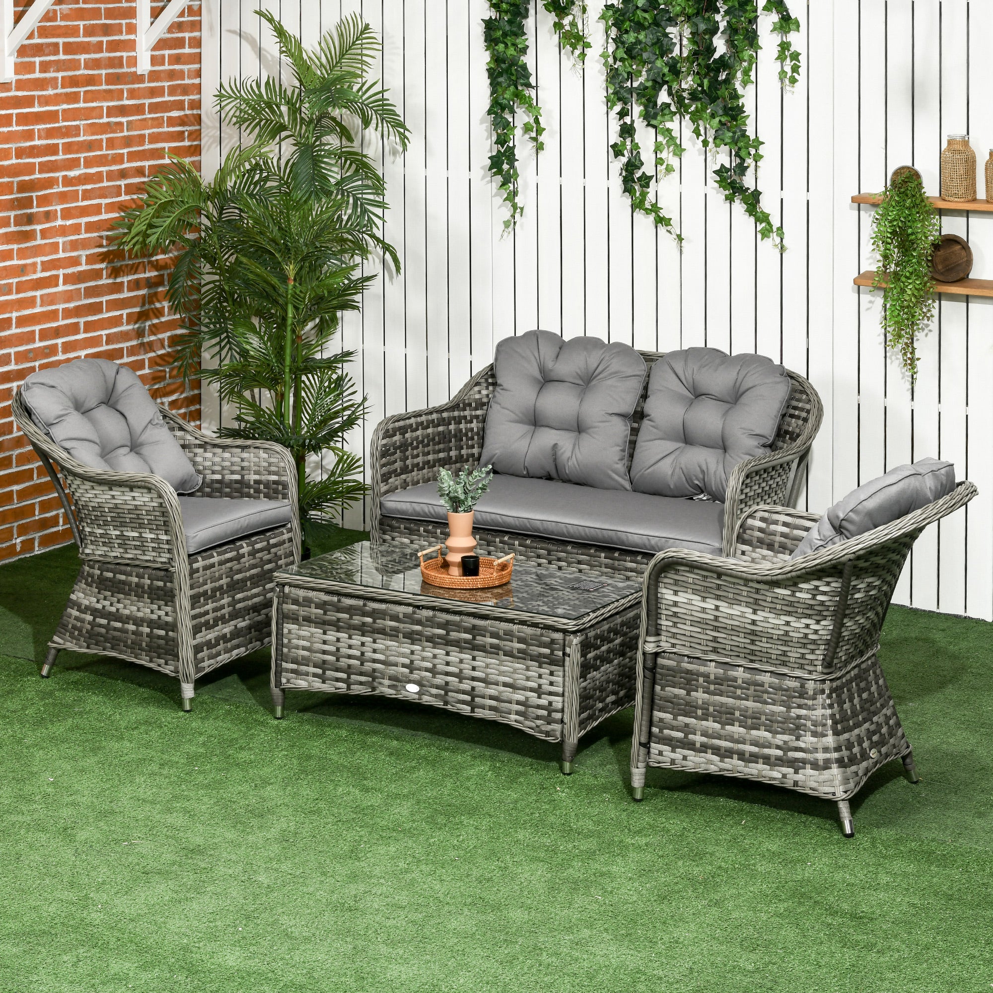 4 Piece PE Rattan Wicker Sofa Set with Cushions - Grey
