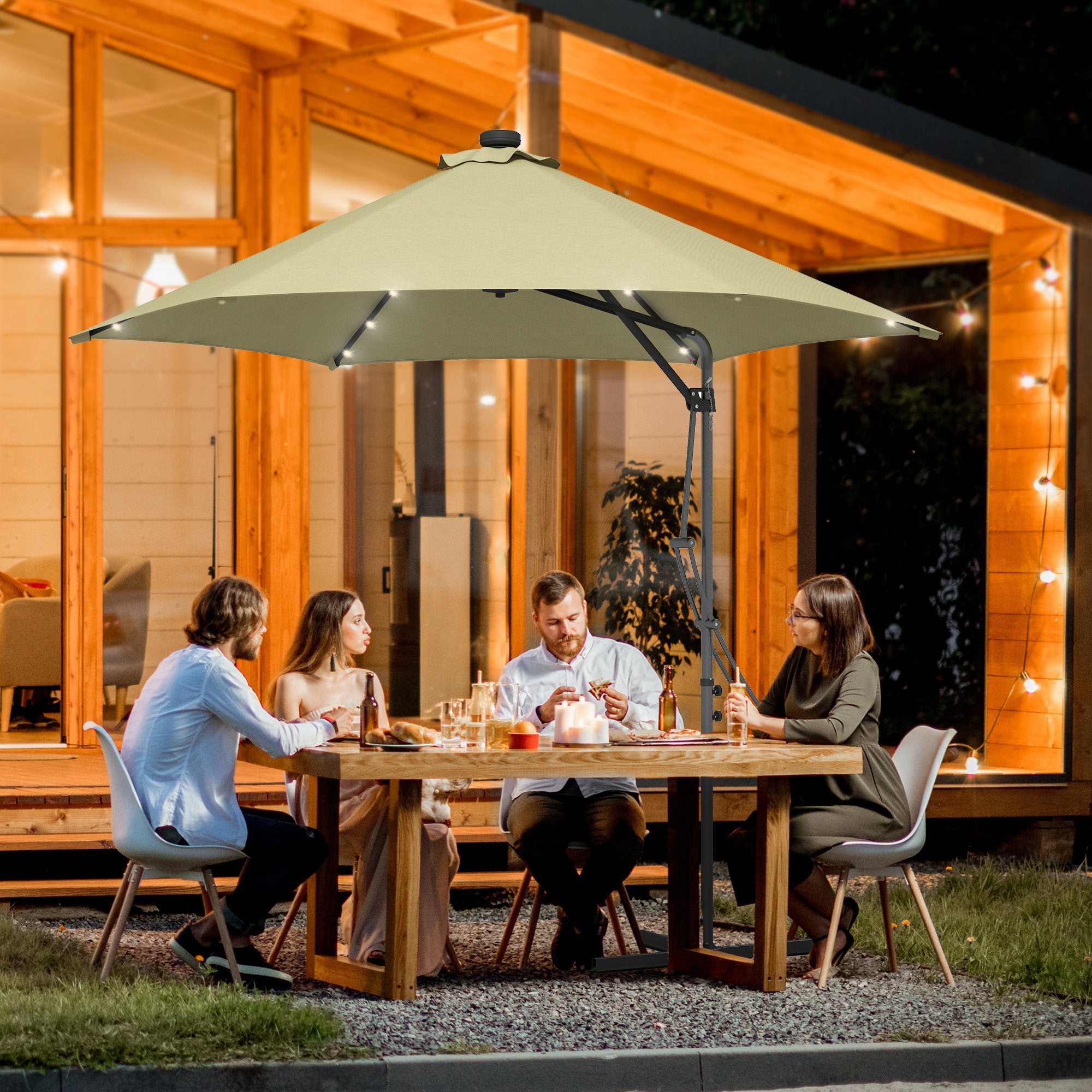 3 Metre Cantilever Garden Parasol with Solar LED and Waterproof Cover Beige