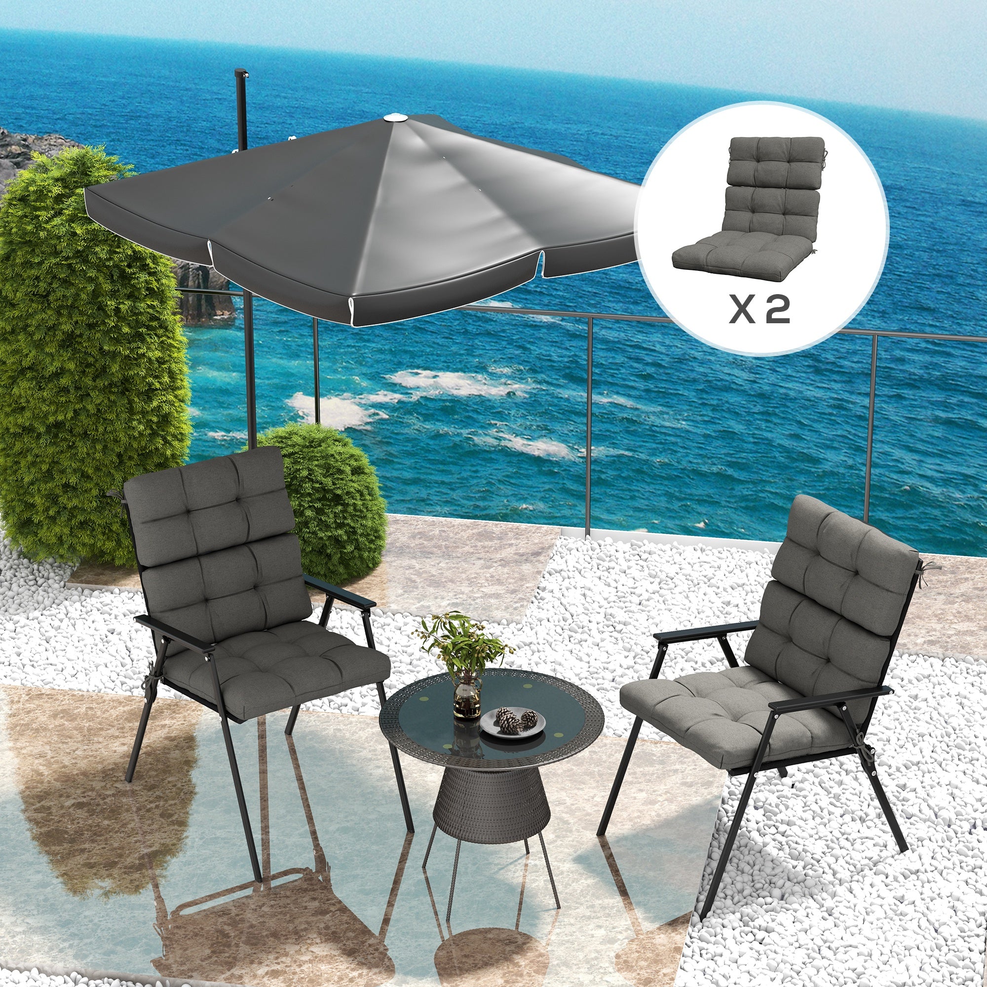 2-Piece Garden Patio Chair Seat and Backrest Cushion Set with Ties - Charcoal Grey