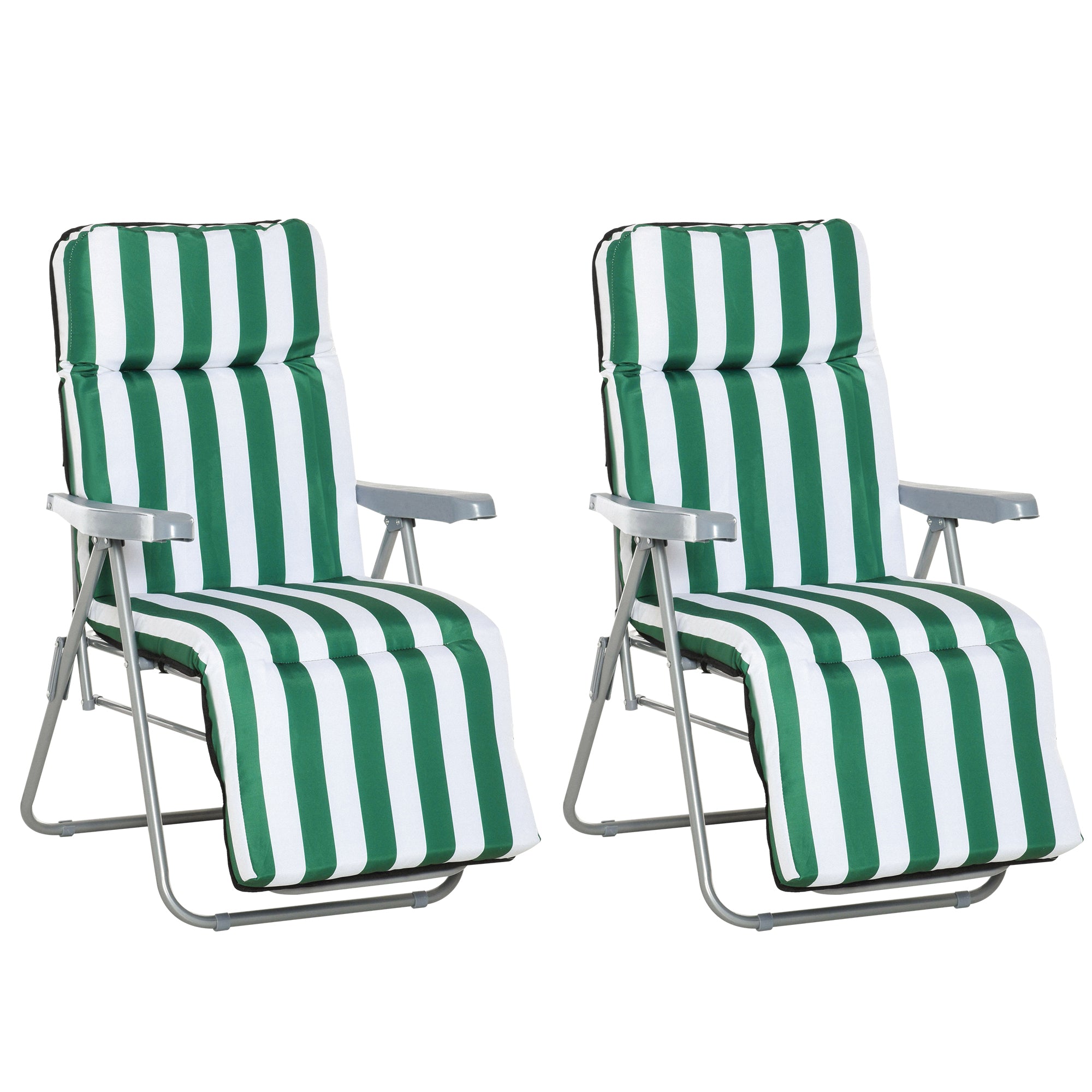 Set of 2 Folding Outdoor Garden Sun Recliner Loungers with Cushions - Green and White