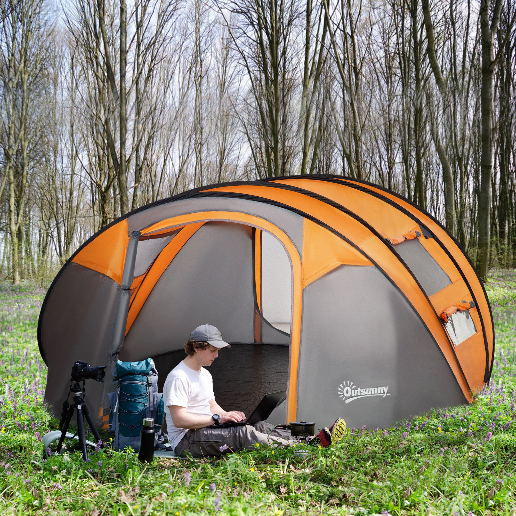 4-5 Person Pop-up Waterproof Camping Tent with Mesh Windows - Orange