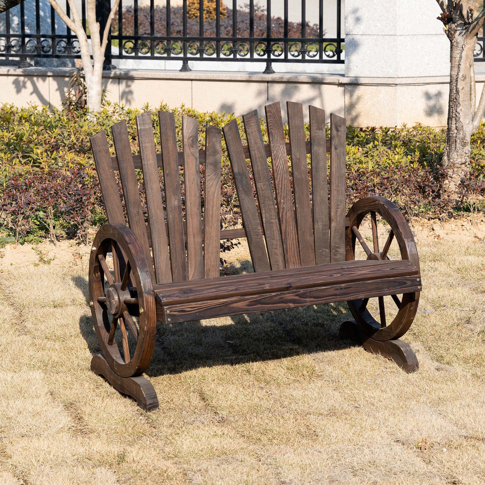 2 Seater Fir Log Garden Bench with Wheel-Shaped Armrests Outdoor Loveseat - Carbonized