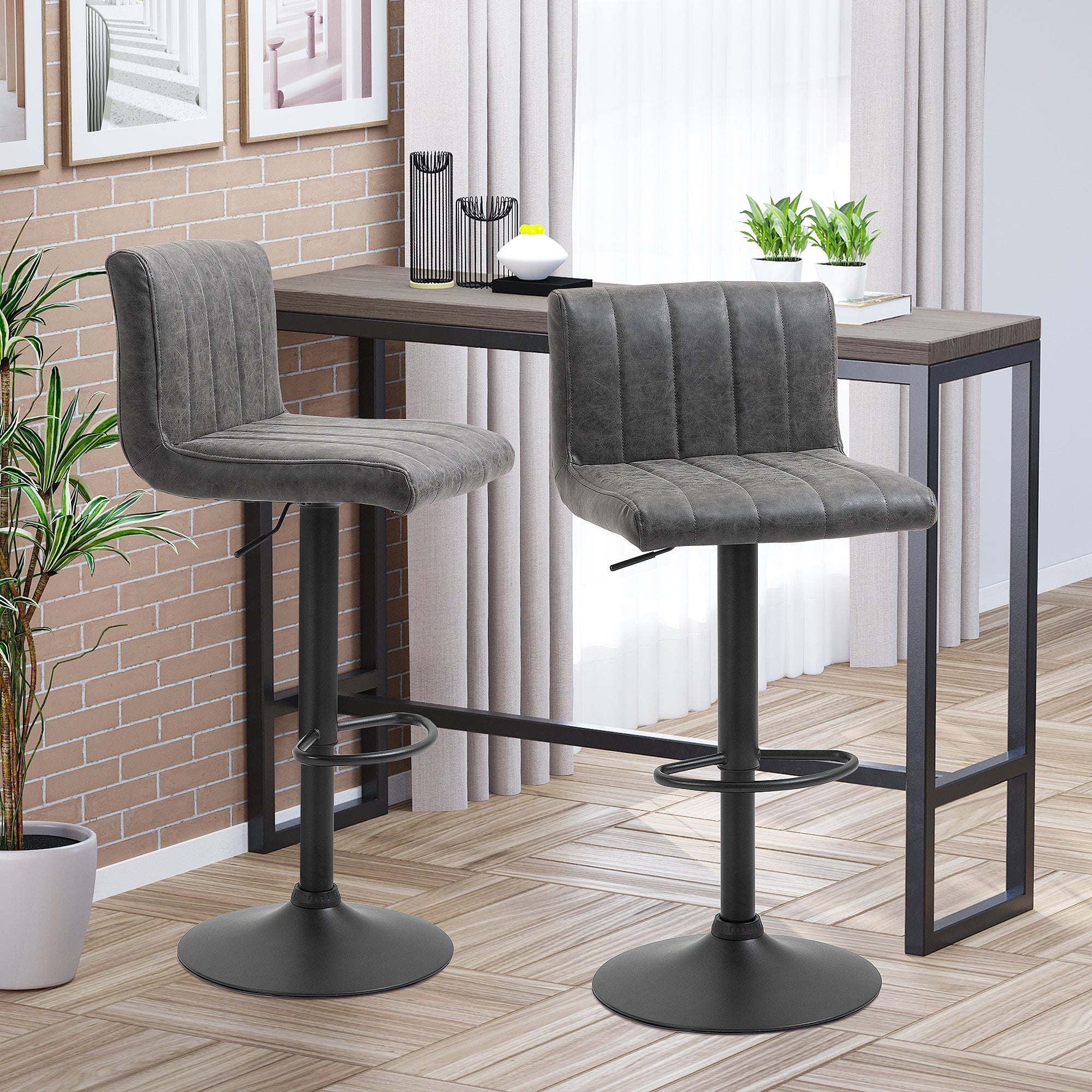 Adjustable Height Bar Stools Set of 2 with Footrest - Grey