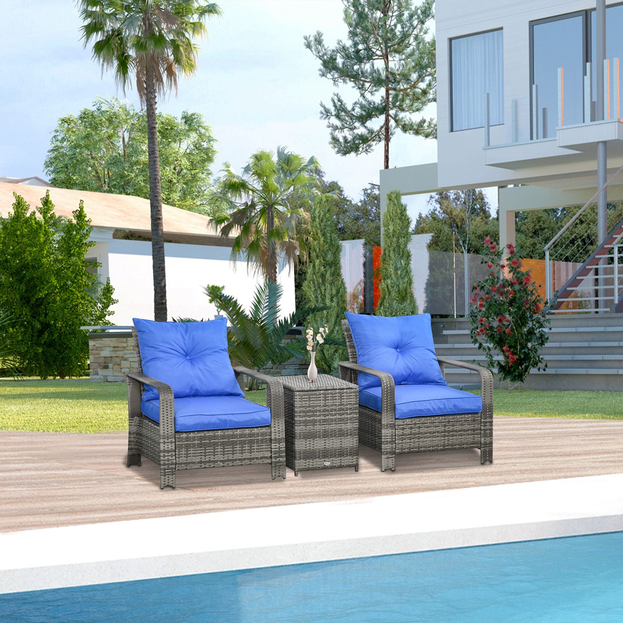 3 Piece PE Rattan Garden Furniture Set with Removable Cushions - Grey and Blue