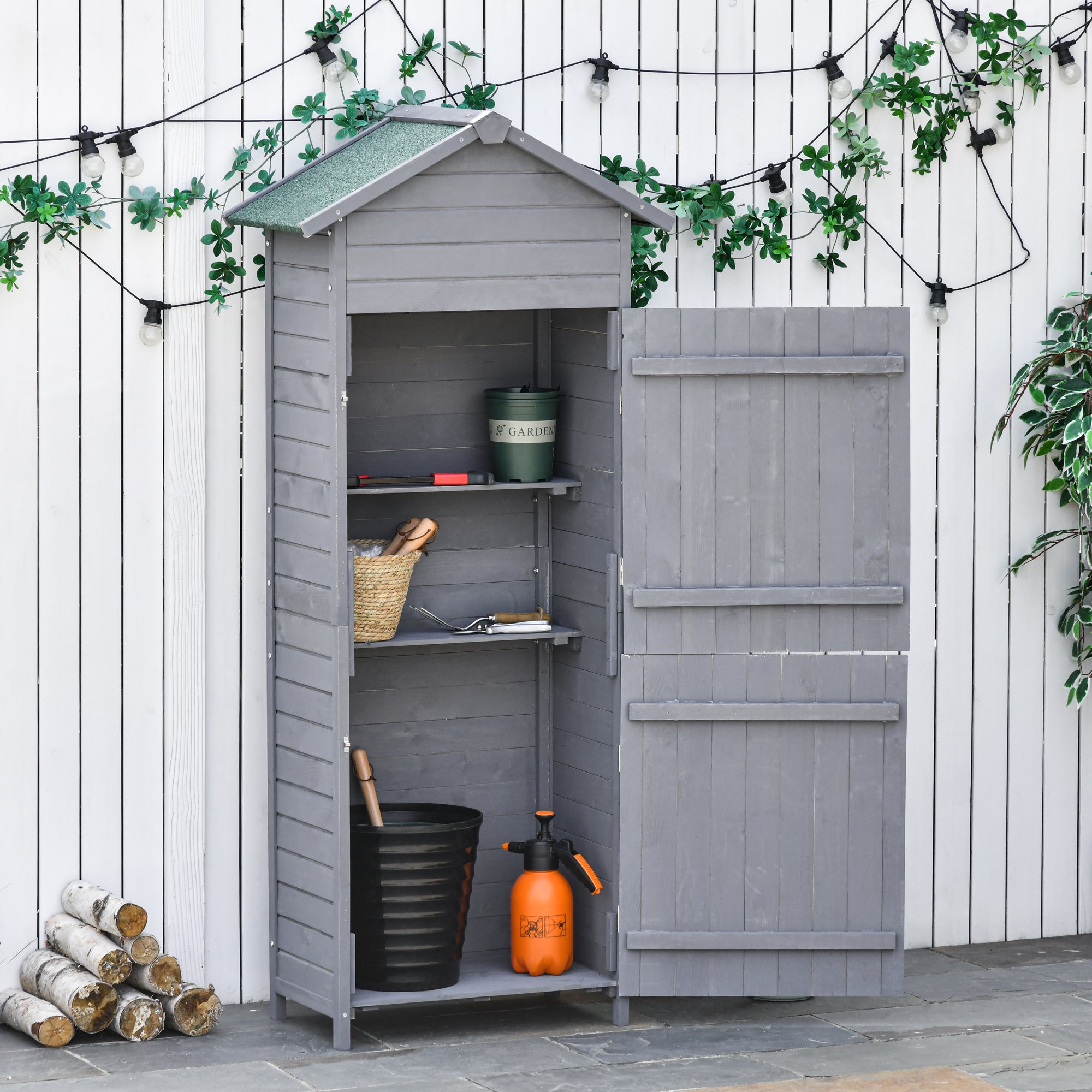 Wooden Garden Storage Shed with Lockable Doors and Tilted Felt Roof Grey
