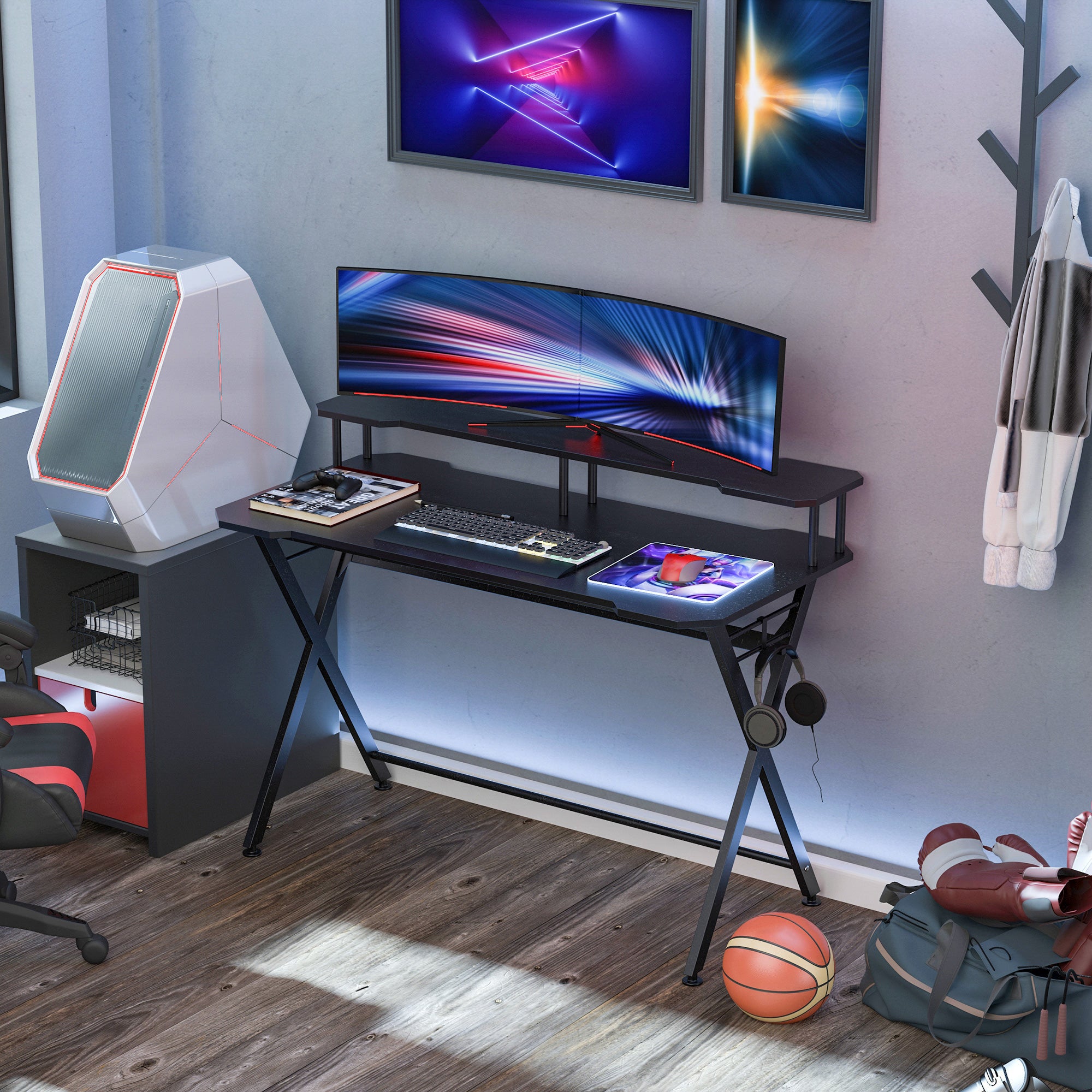 Gaming Computer Desk with Headphone Hook Curved Front Adjustable Feet Workstation - Black