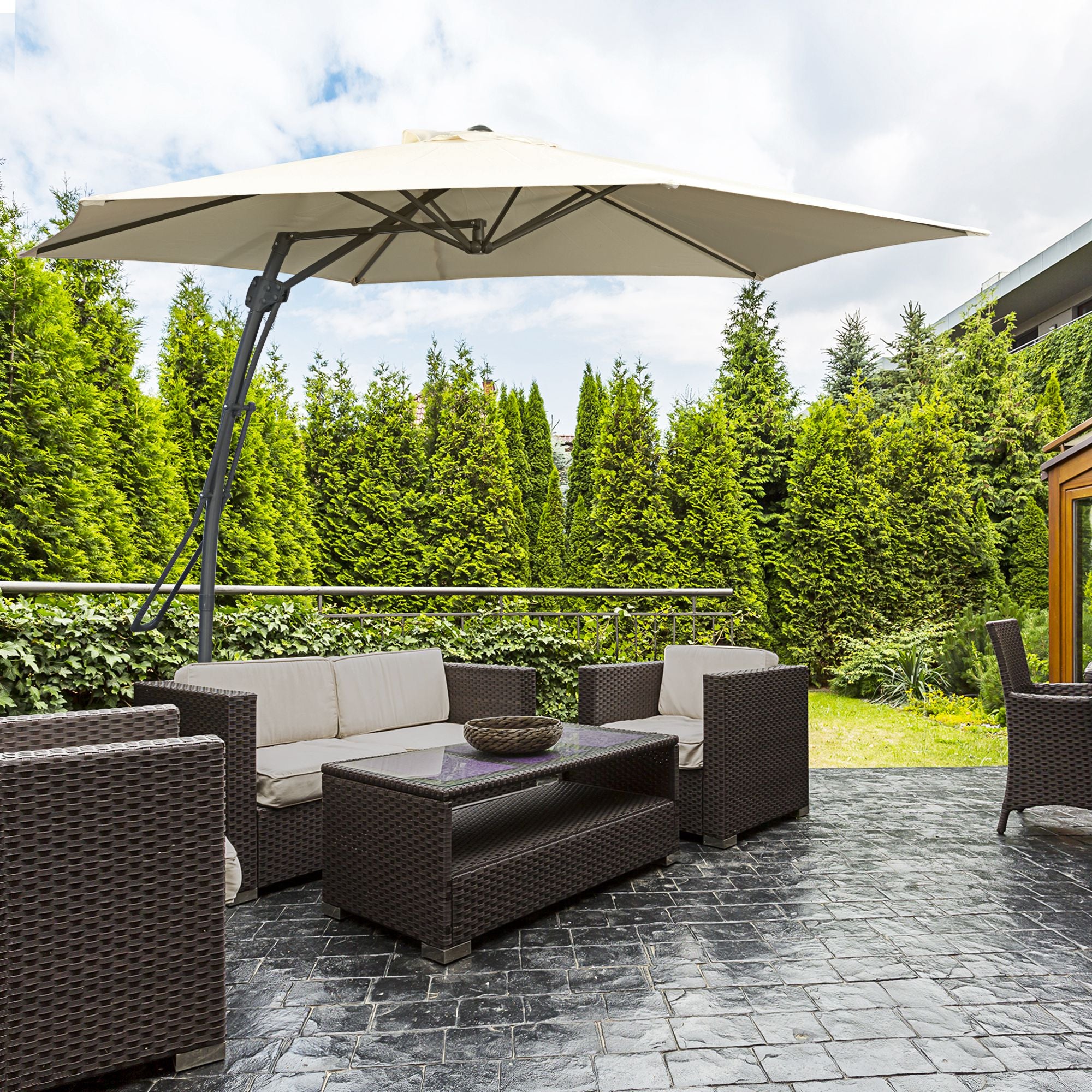 3m Cantilever Patio Parasol with Easy Lever Crank, Cross Base & 6 Metal Ribs - Cream White