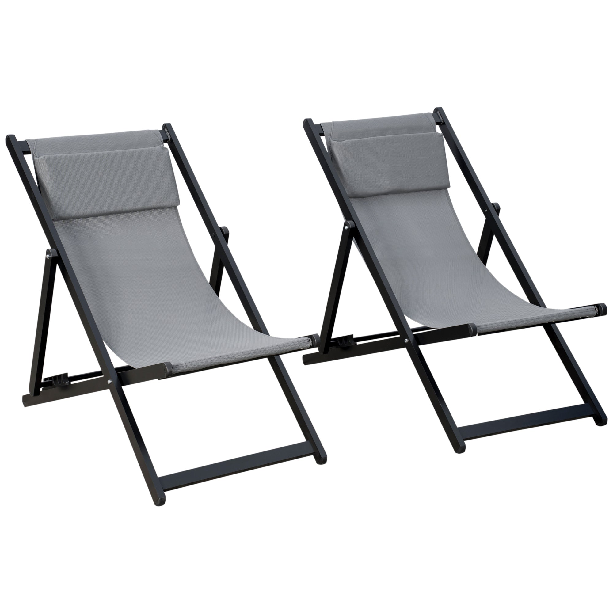 Set of 2 Folding Aluminium Frame Garden & Beach Deck Chairs with Adjustable Backrest - Grey