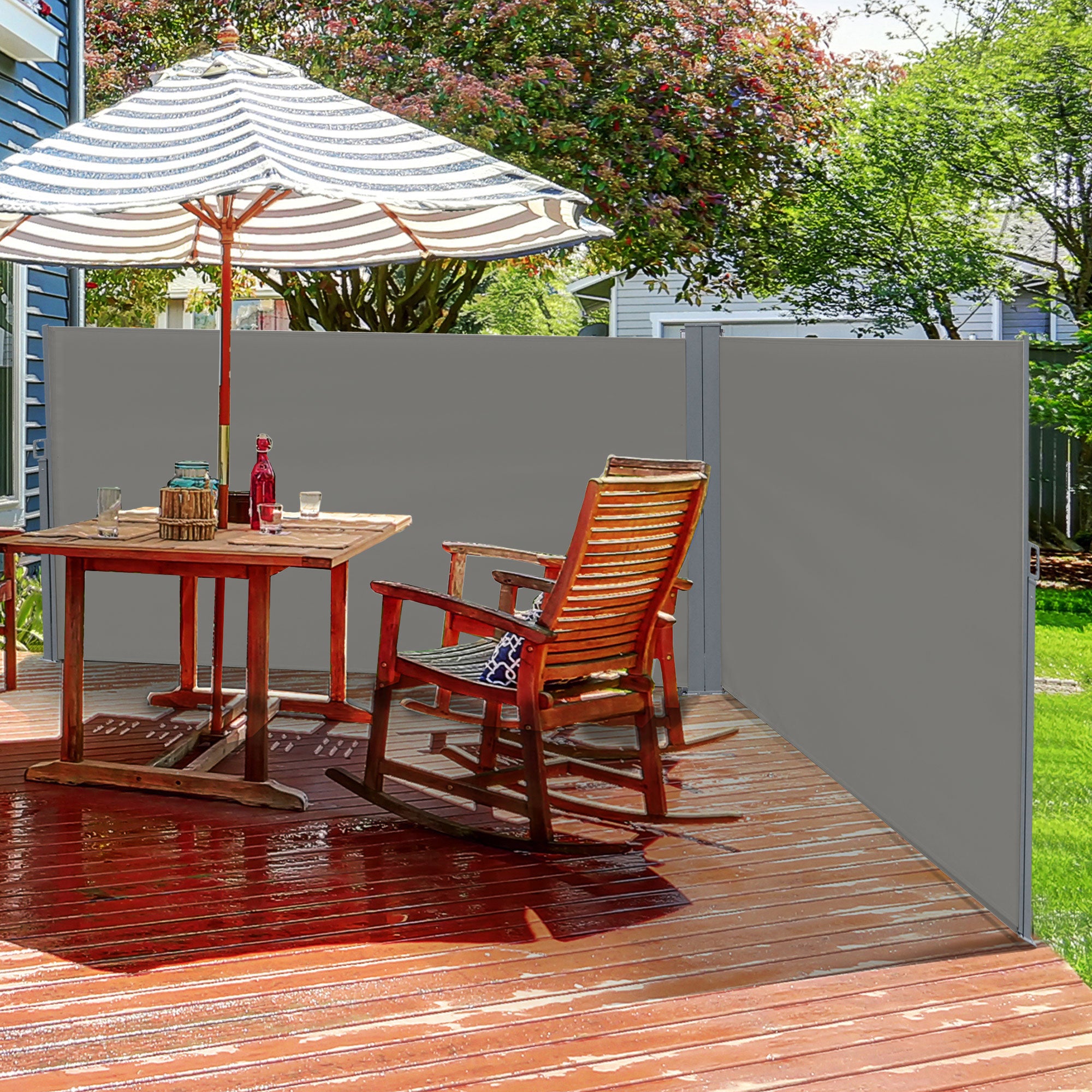 Double Retractable Side Awning with Durable 280gsm PU Coated Canopy - Grey