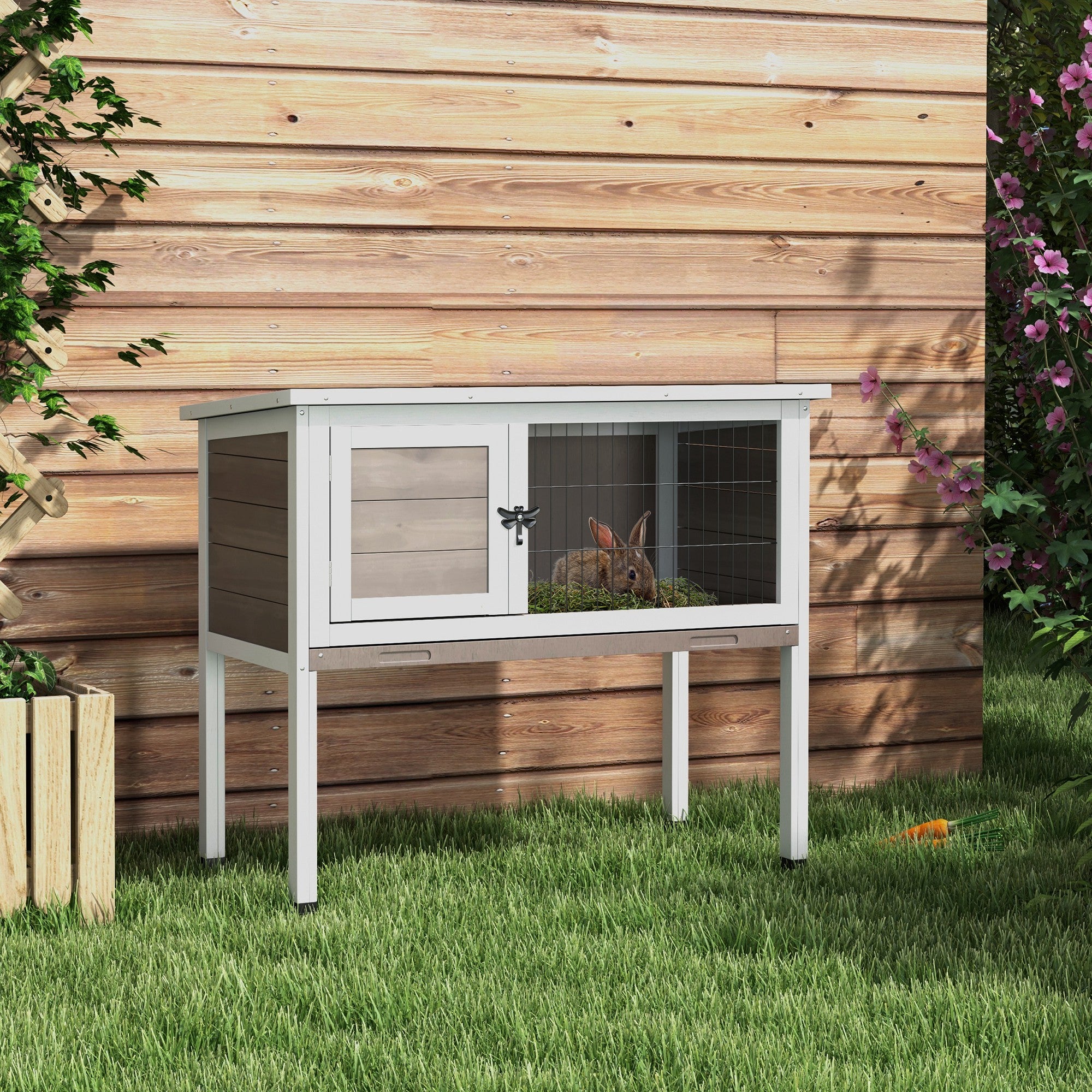 Wooden Rabbit and Guinea Pig Hutch with Built-in Tray and Openable Asphalt Roof 84x43x70 cm - Brown