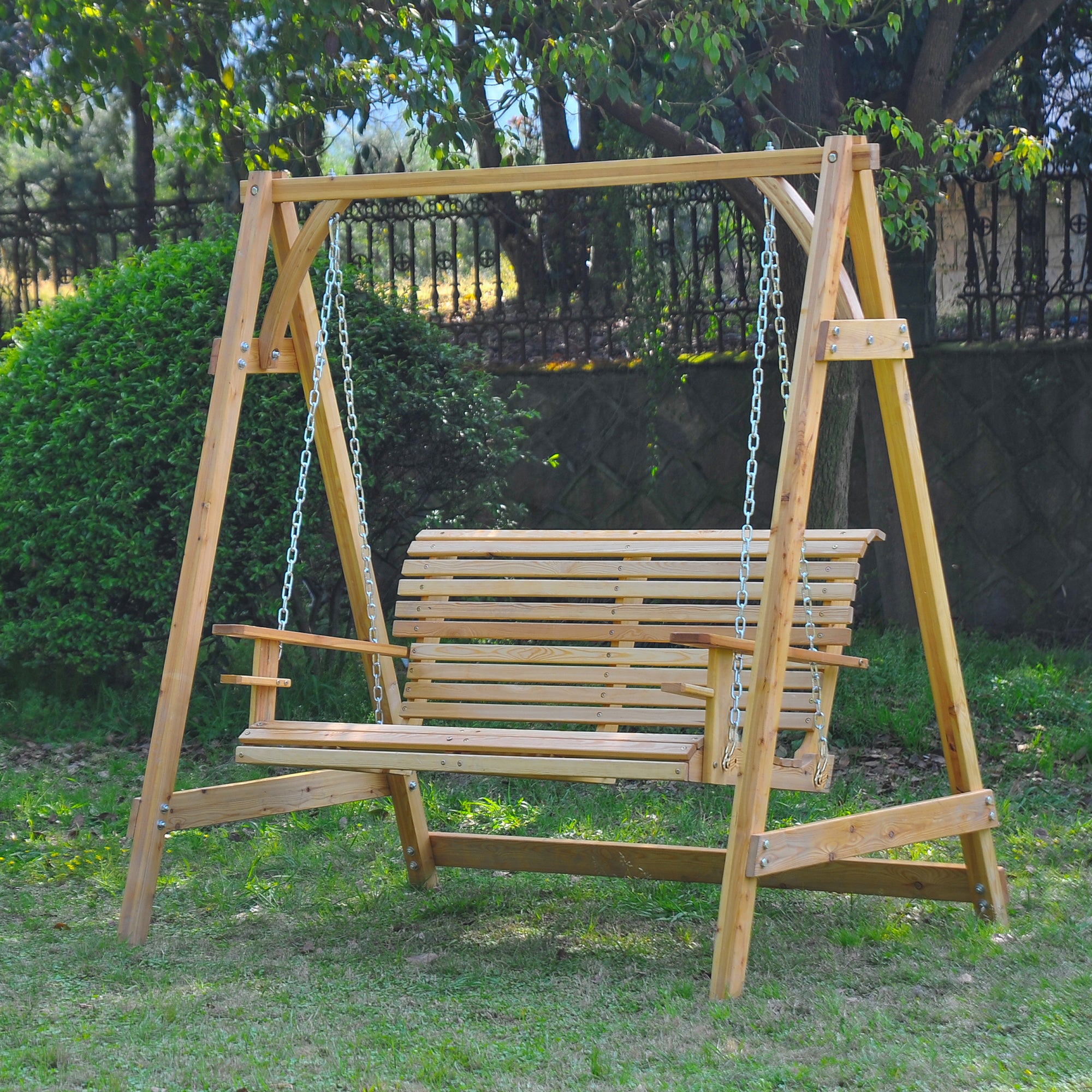 2-Seater Larch Wood Swing Chair Bench with Cup Trays - Natural Wood Finish