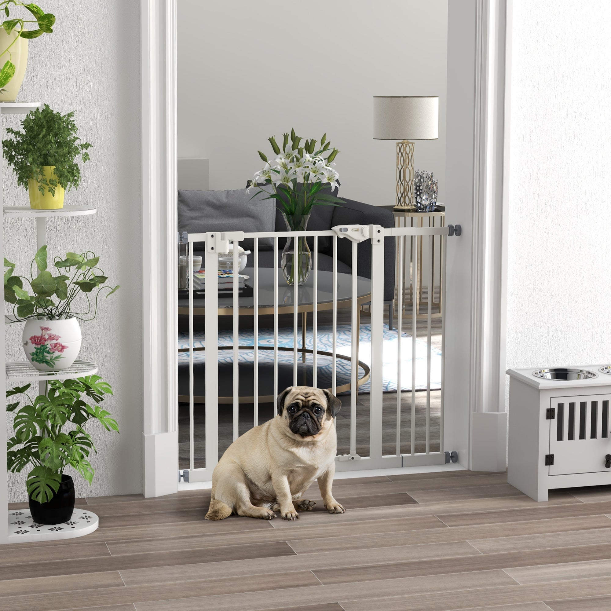 Adjustable Metal Dog Gate 74-94cm Wide with Automatic Closing - White