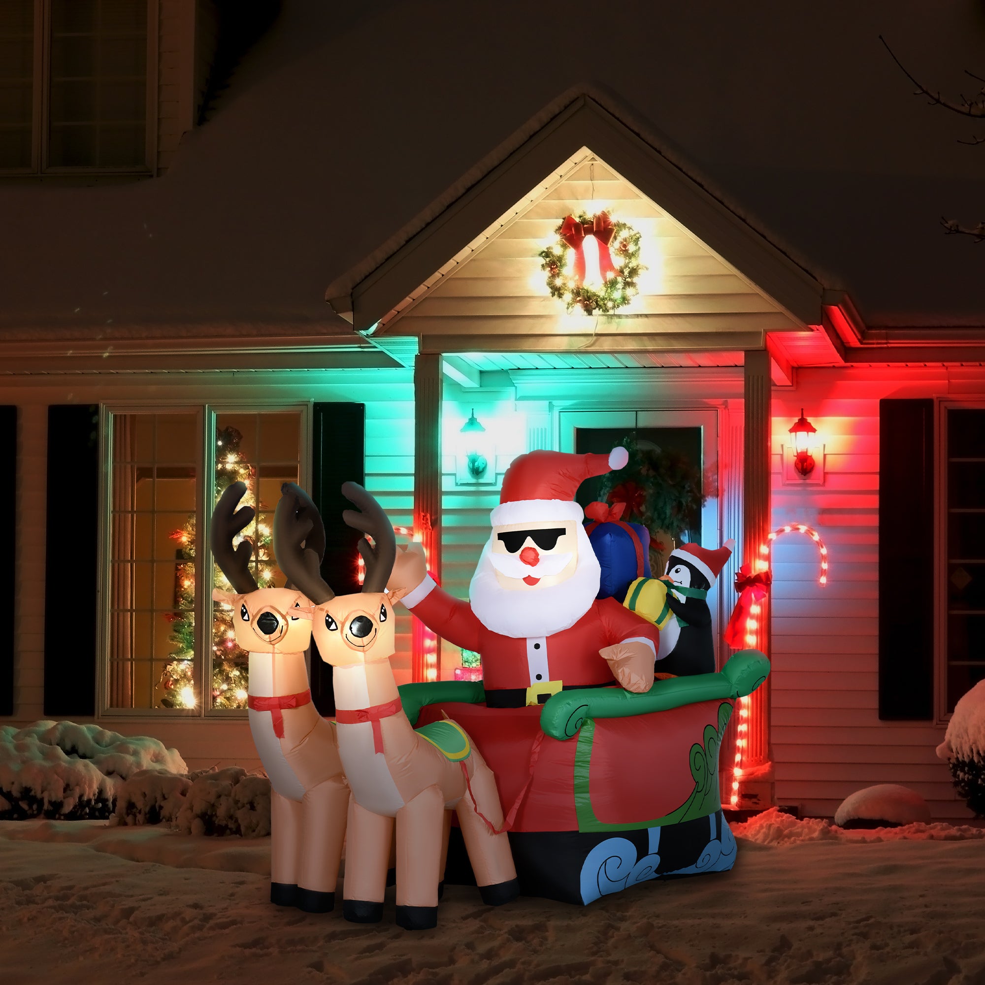 6ft Inflatable Christmas Santa Claus & Penguin on Sleigh with 2 Reindeer LED Yard Display - Red