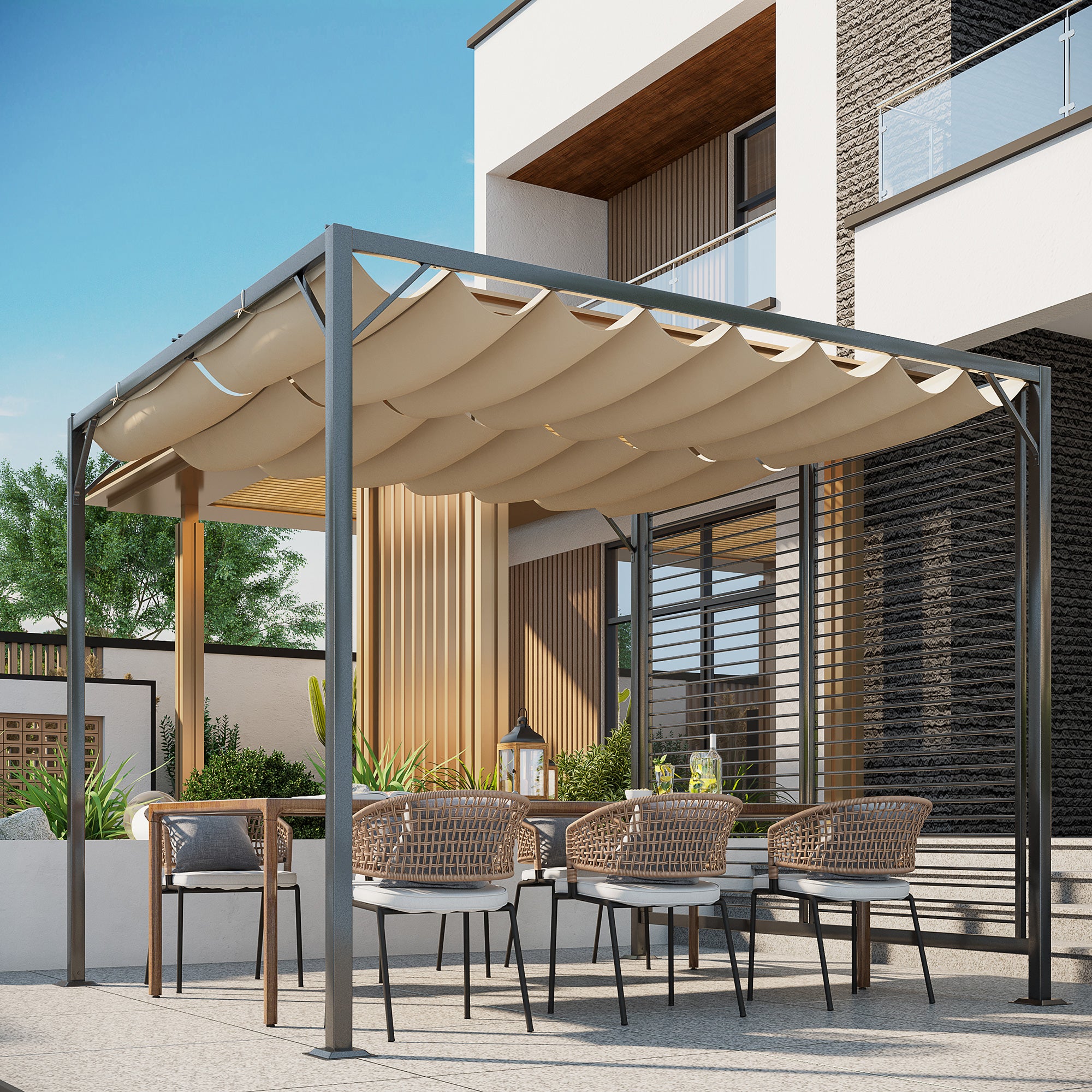 Retractable 3m x 2.8m Metal Frame Garden Pergola with Beige Canopy - Beige