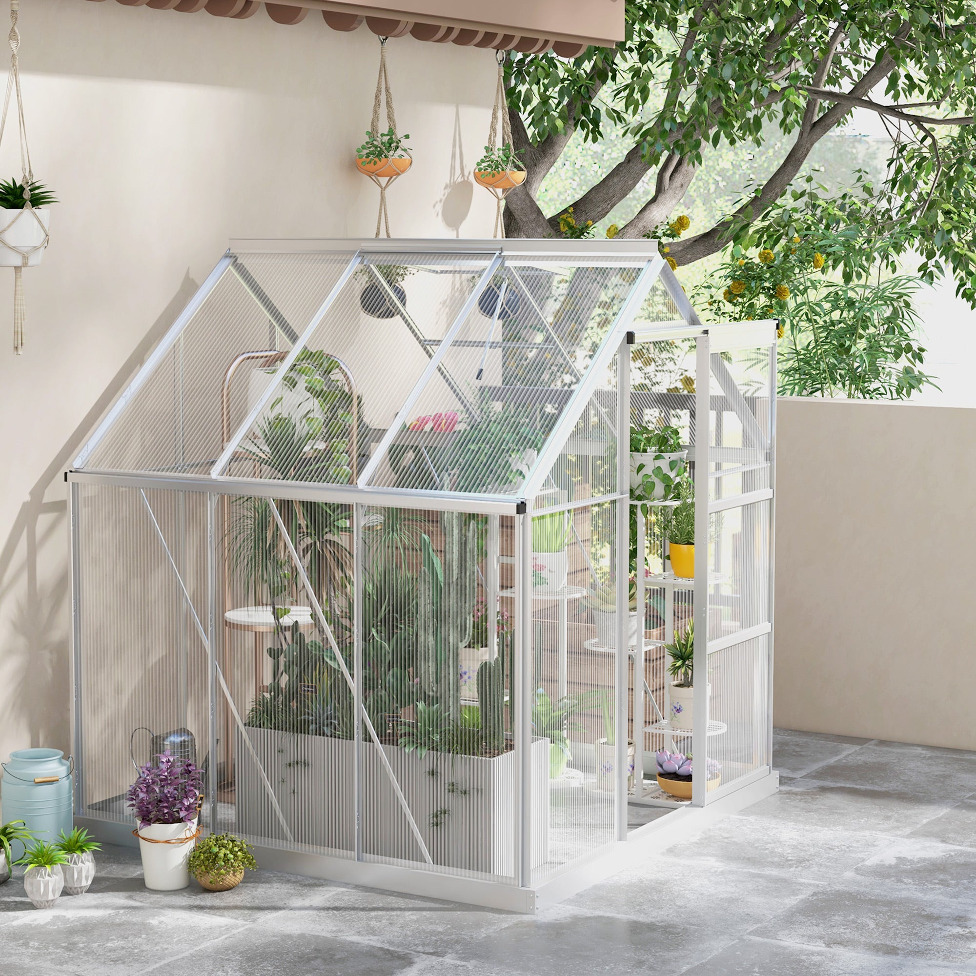 6x6ft Aluminium Frame Polycarbonate Greenhouse with Sliding Door Silver
