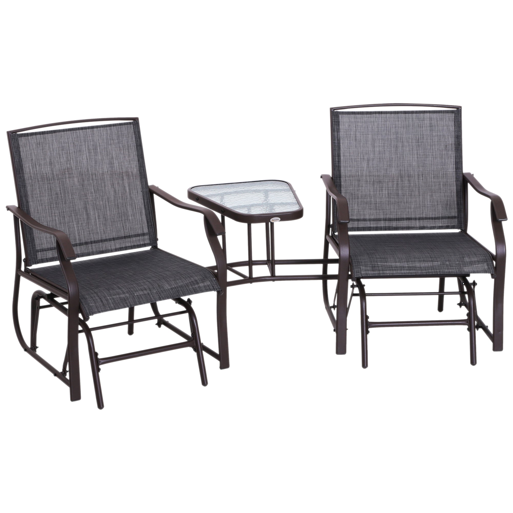 3 Piece Garden Double Glider Set with Glass Table - Grey Mesh Fabric