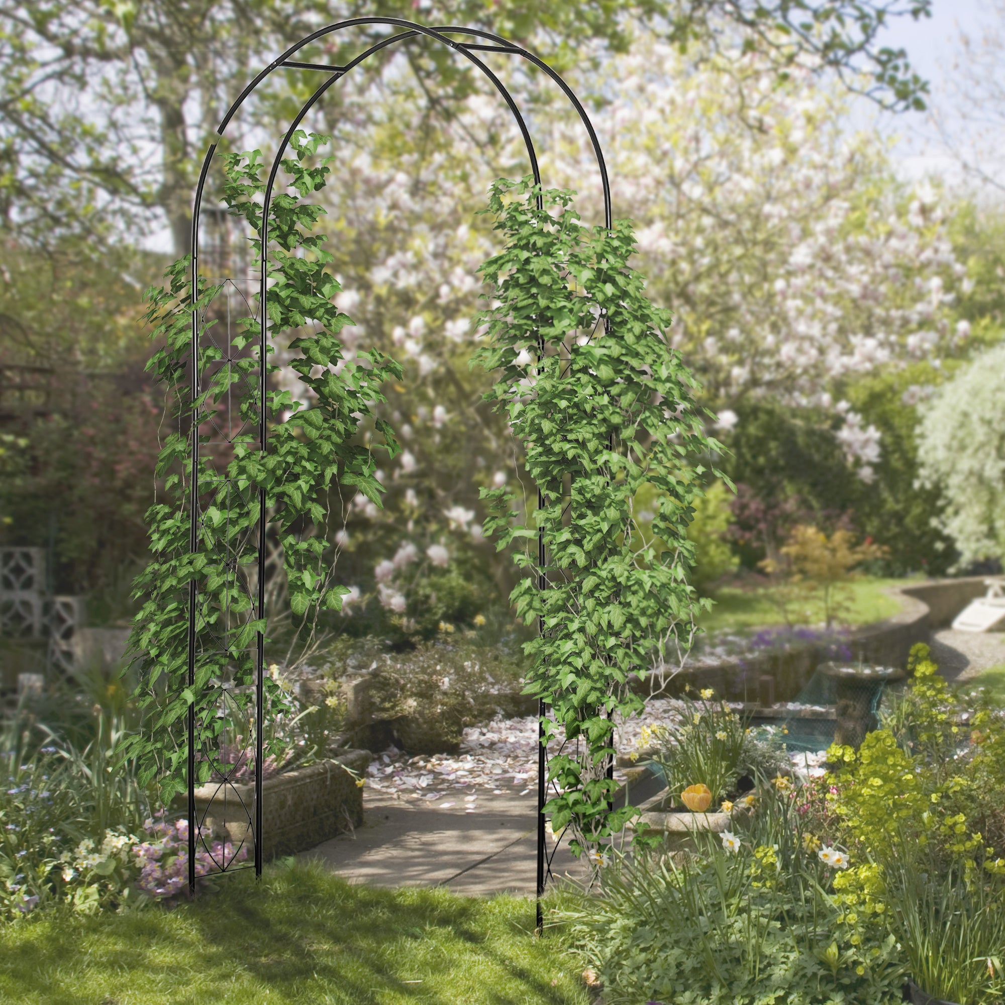 Vintage Style Steel Garden Arbor and Trellis Arch 2.3m High - Black
