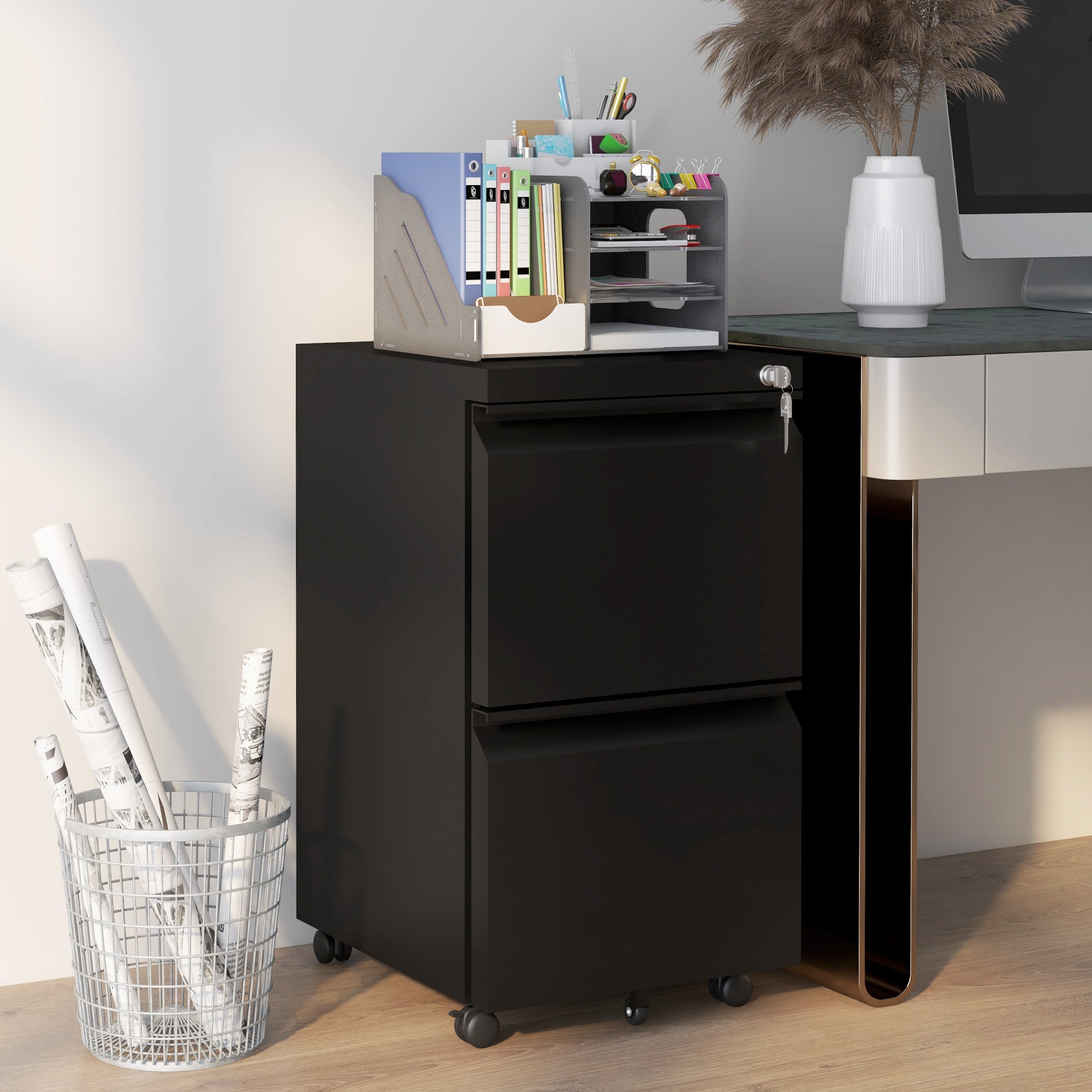2 Drawer Lockable Mobile Filing Cabinet with Adjustable Hanging Bar - Black
