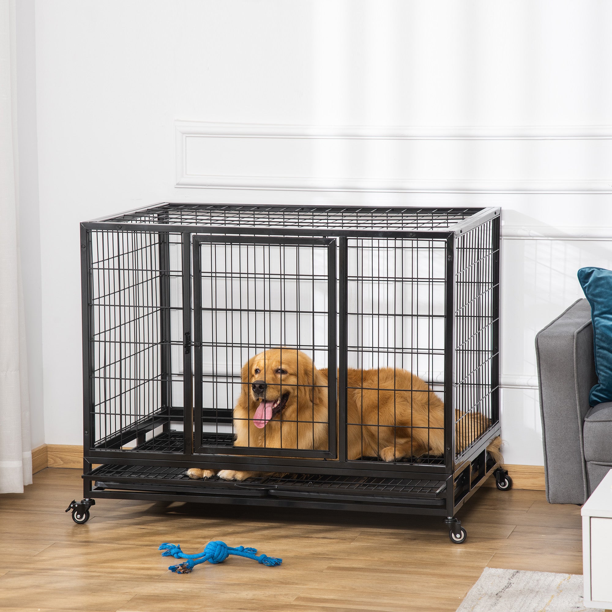 43" Heavy Duty Metal Dog Kennel with Tray and Wheels Large - Black