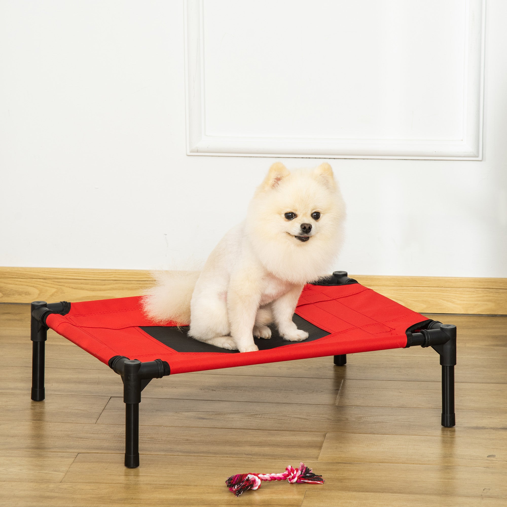Elevated Portable Dog Bed with Metal Frame for Outdoor Comfort - Black and Red